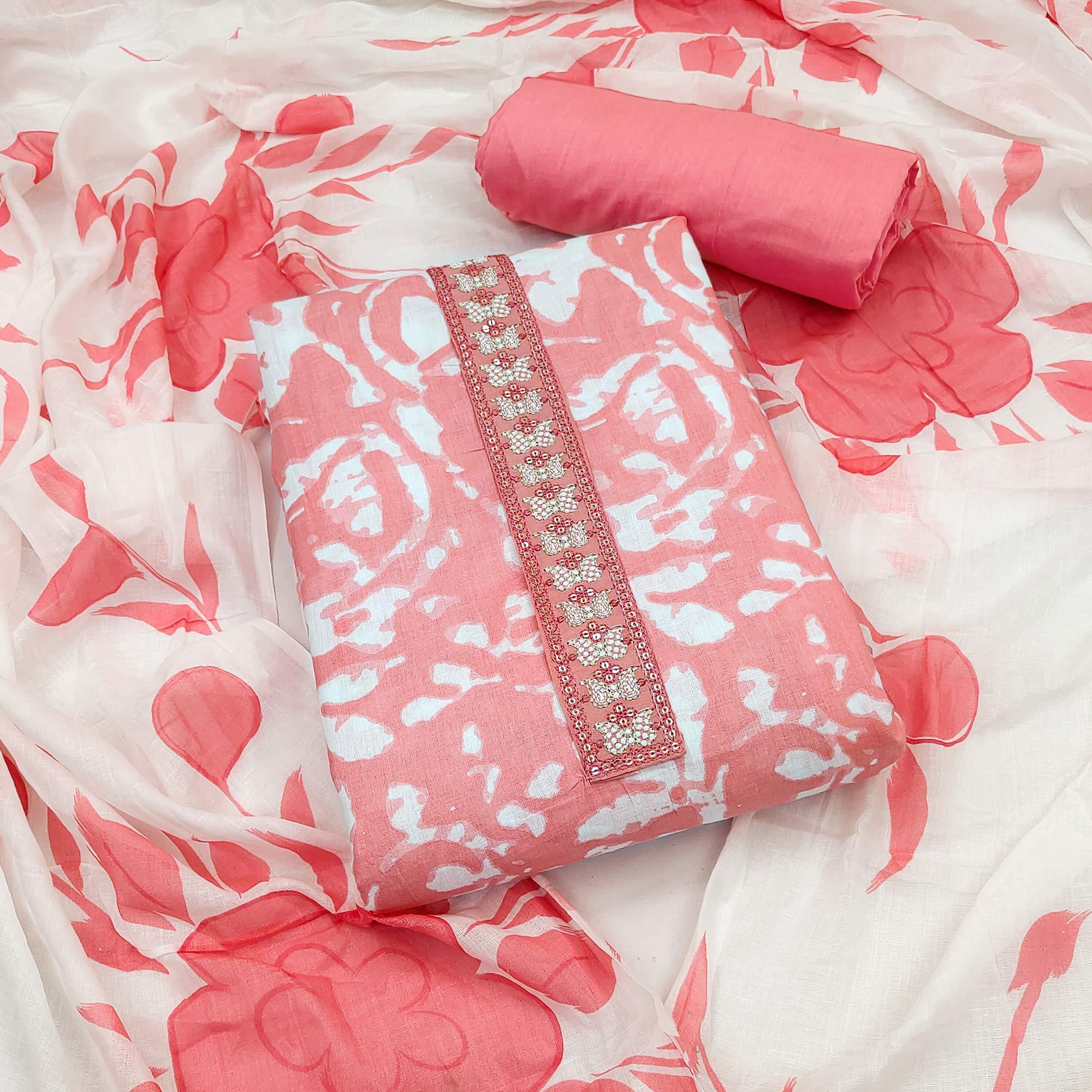 Pink Printed With Embroidered Cotton Blend Dress Material - Peachmode