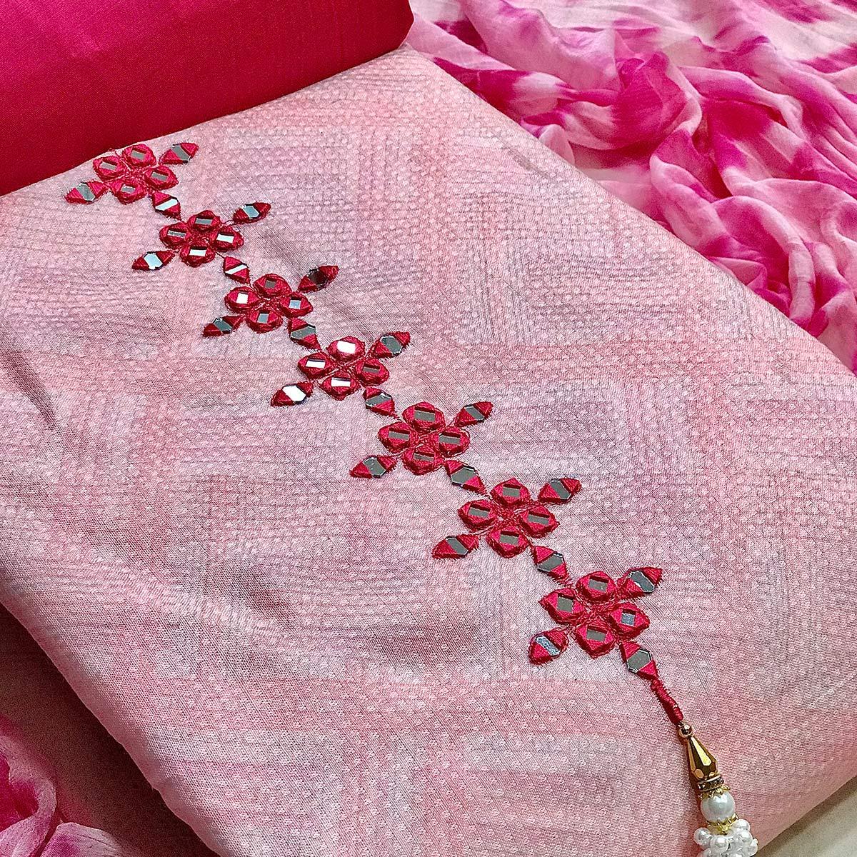 Pink Printed With Embroidered Cotton Blend Dress Material - Peachmode