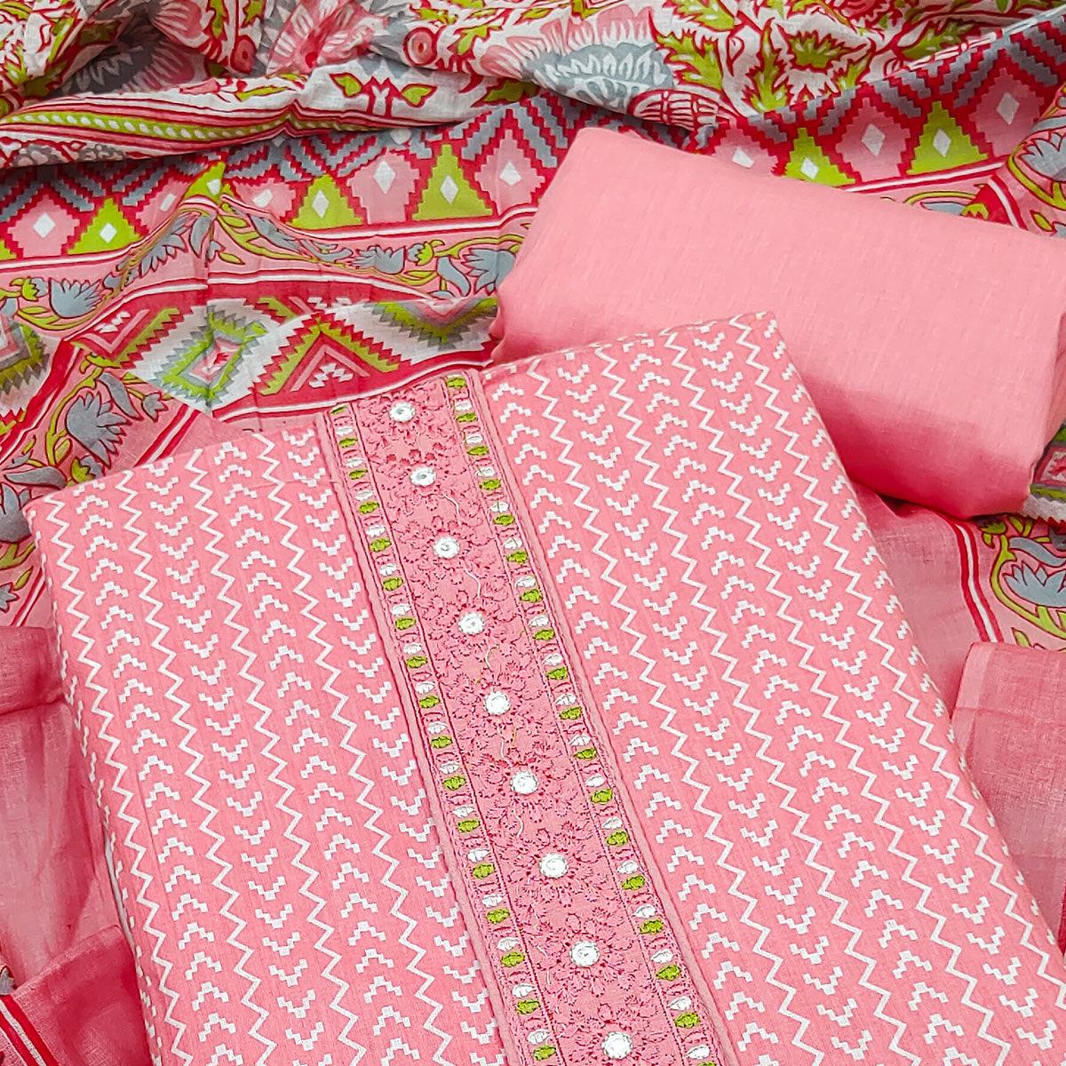 Pink Printed With Embroidered Cotton Blend Dress Material - Peachmode