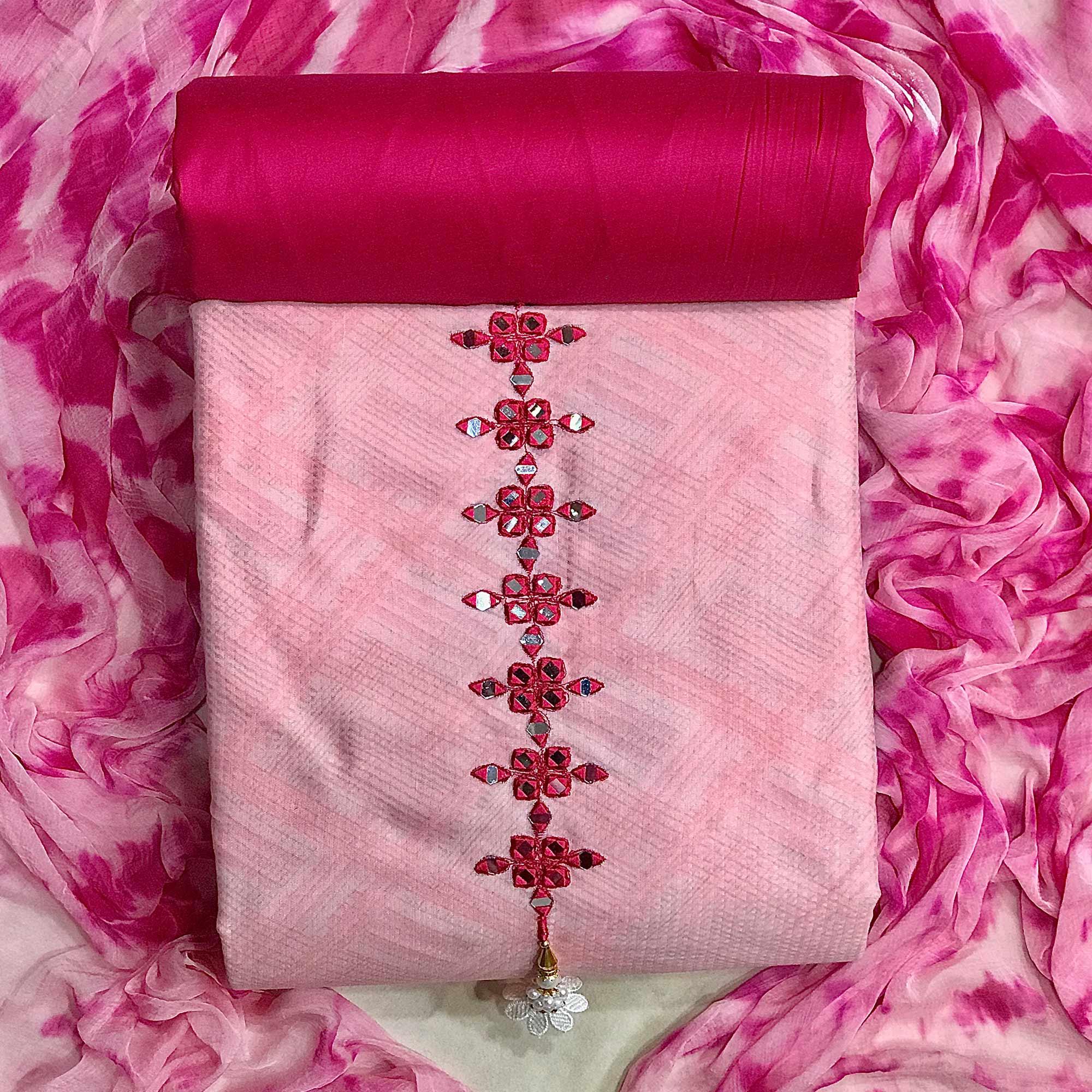 Pink Printed With Embroidered Cotton Blend Dress Material - Peachmode
