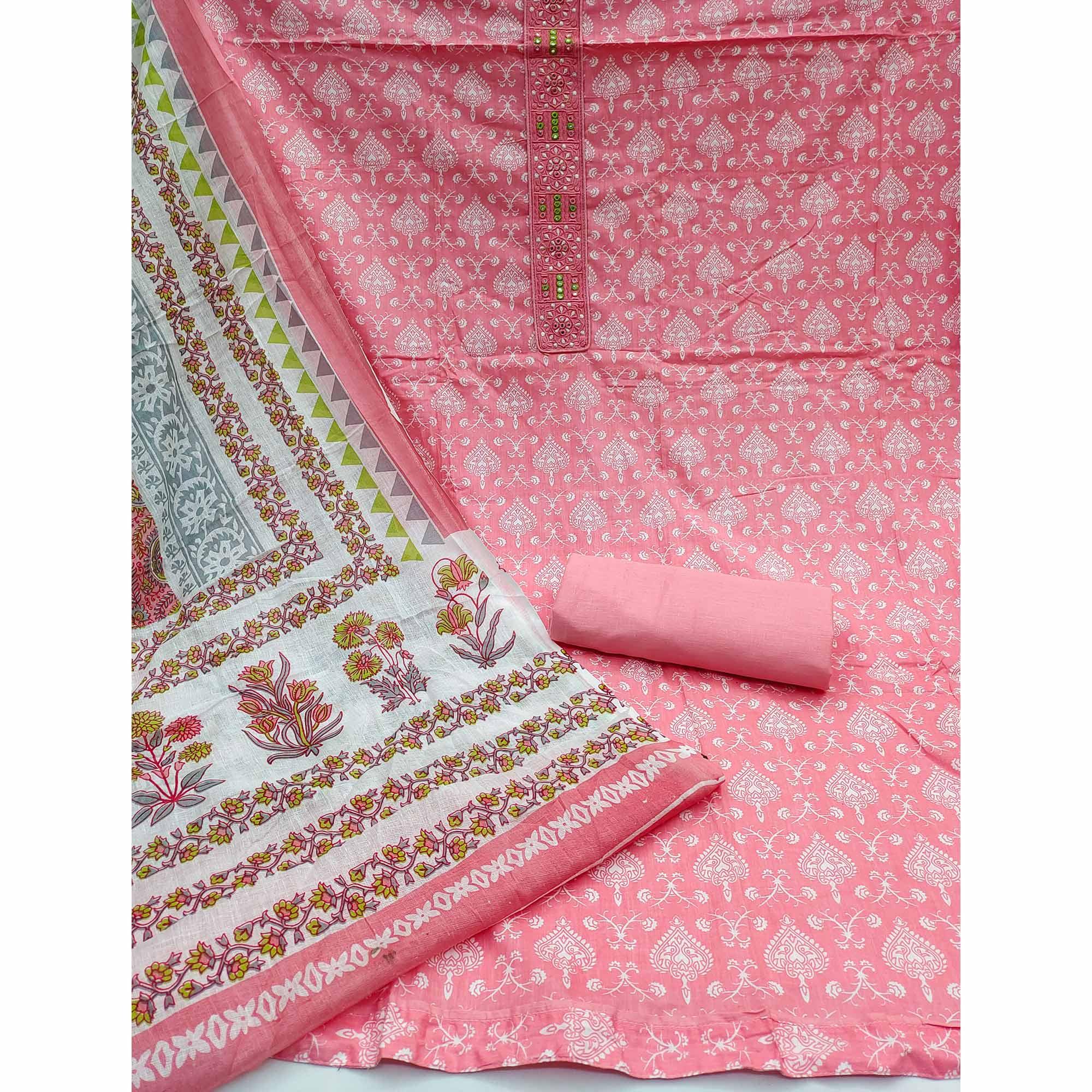 Pink Printed With Embroidered Cotton Blend Dress Material - Peachmode