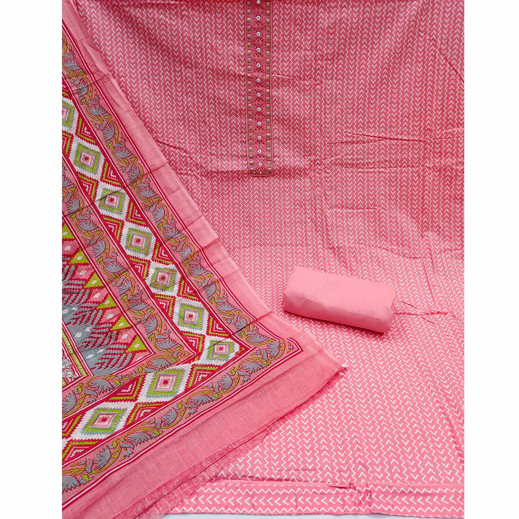 Pink Printed With Embroidered Cotton Blend Dress Material - Peachmode