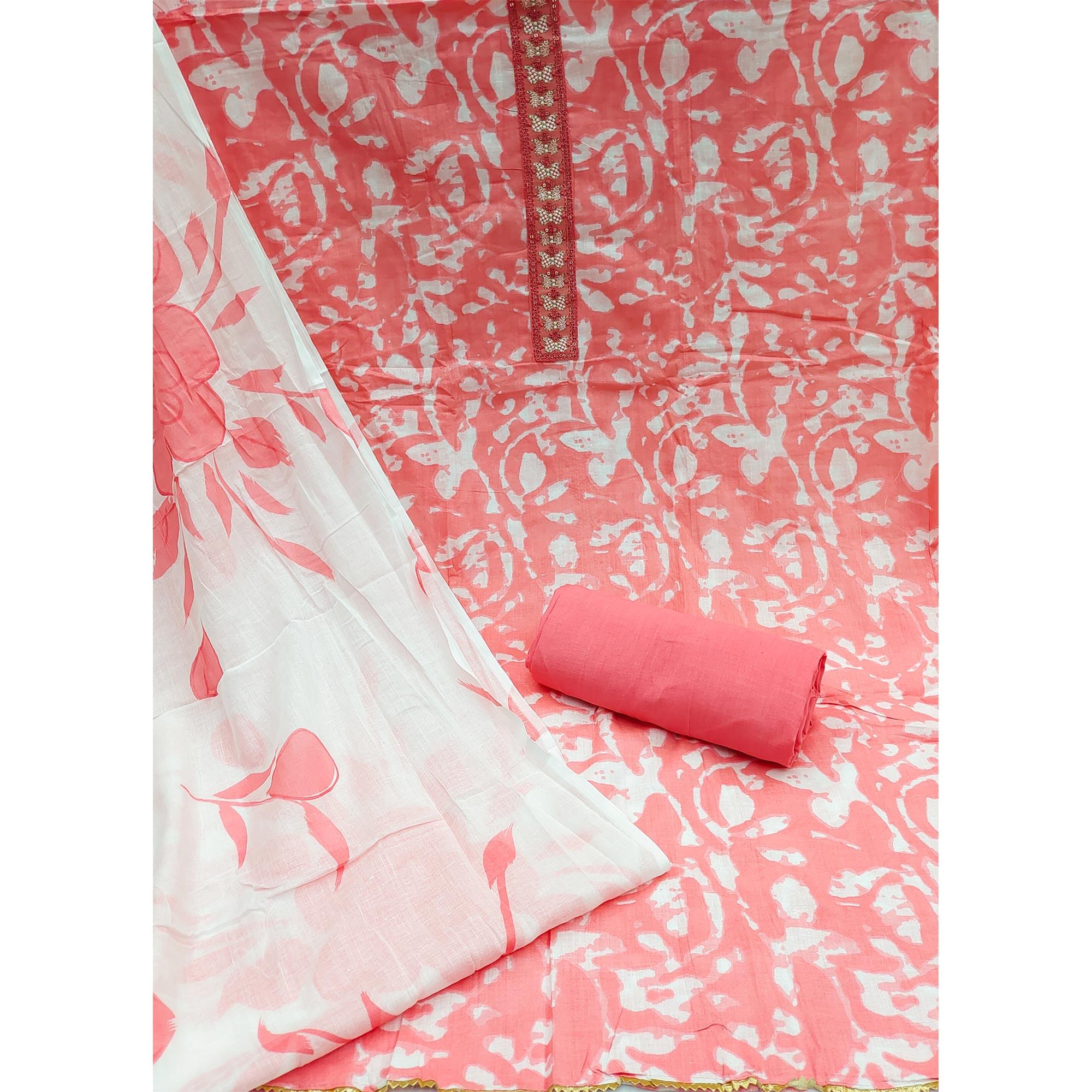 Pink Printed With Embroidered Cotton Blend Dress Material - Peachmode