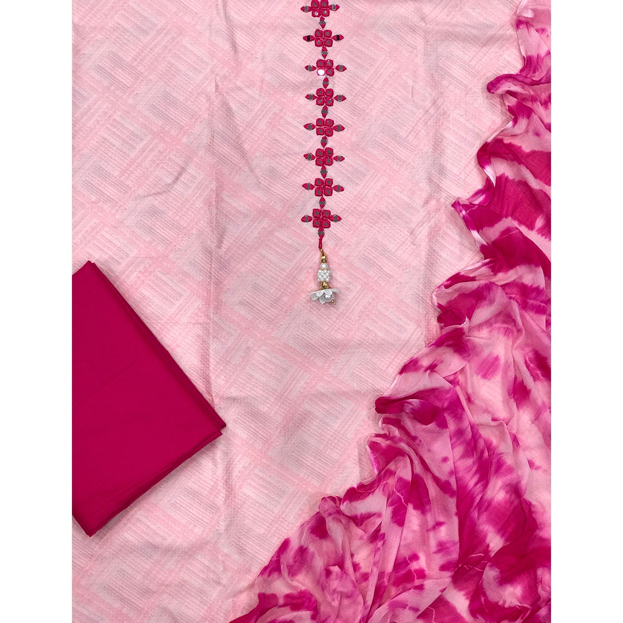 Pink Printed With Embroidered Cotton Blend Dress Material - Peachmode