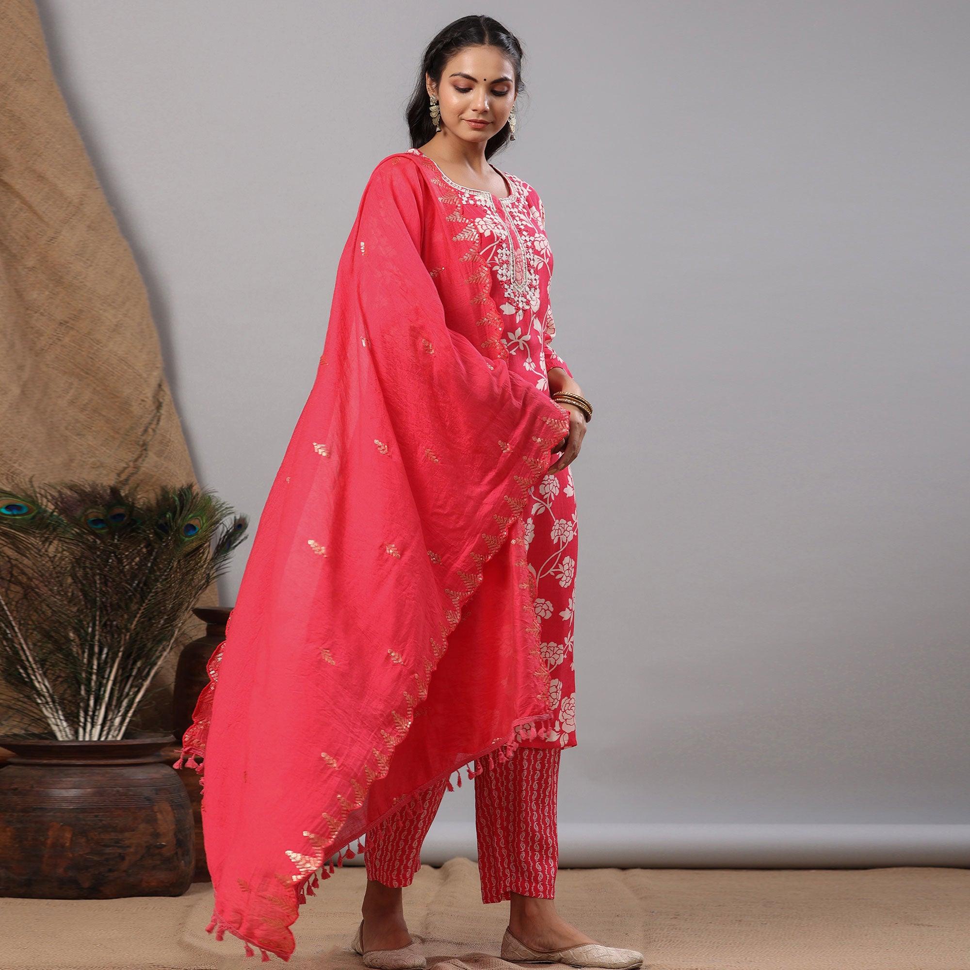 Pink Printed With Embroidered Muslin Kurti Pant Set With Dupatta - Peachmode