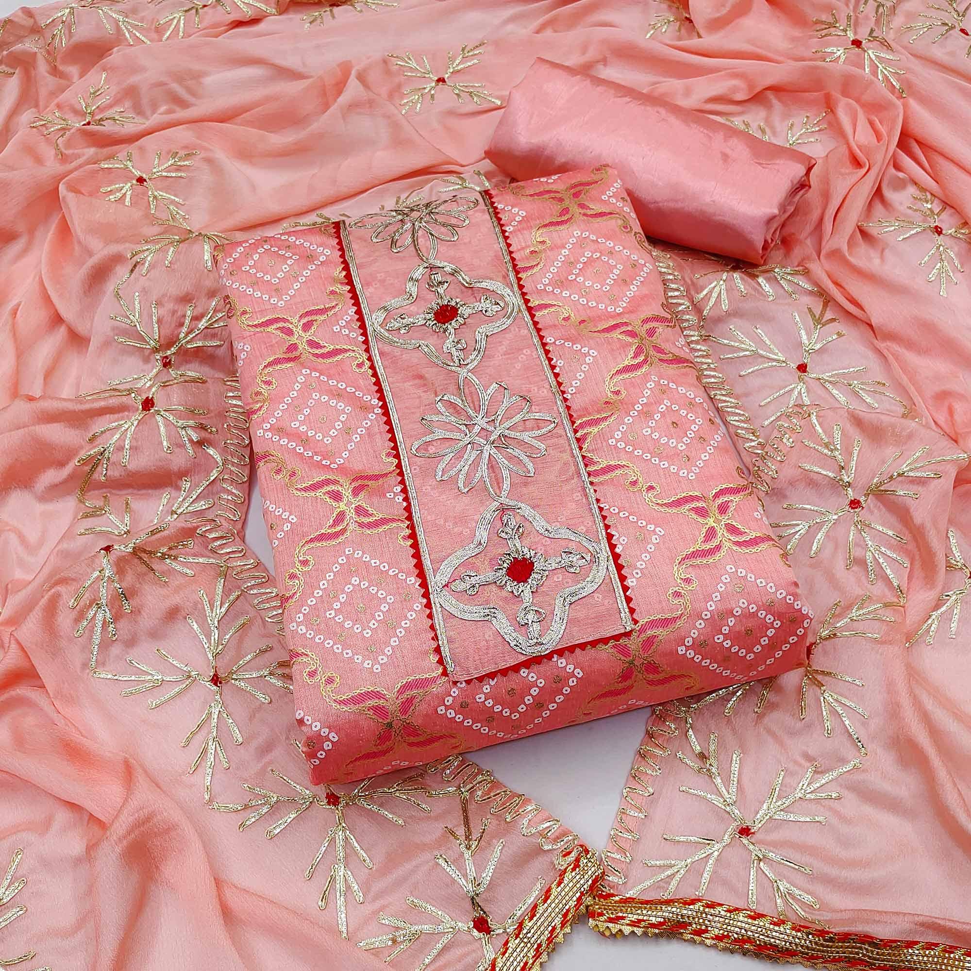 Pink Printed With Embroidered Poly Cotton Dress Material - Peachmode