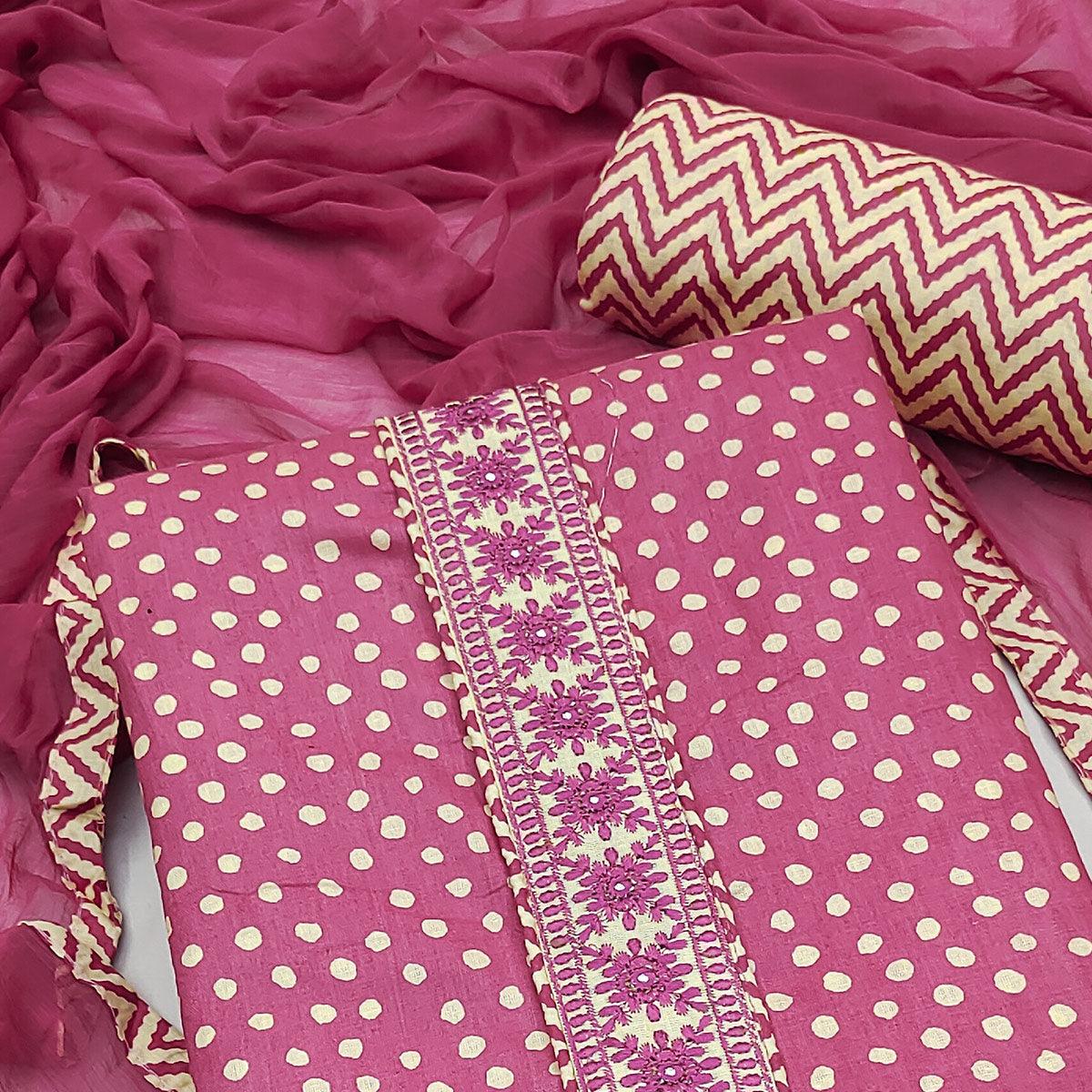 Pink Printed With Embroidered Poly Cotton Dress Material - Peachmode