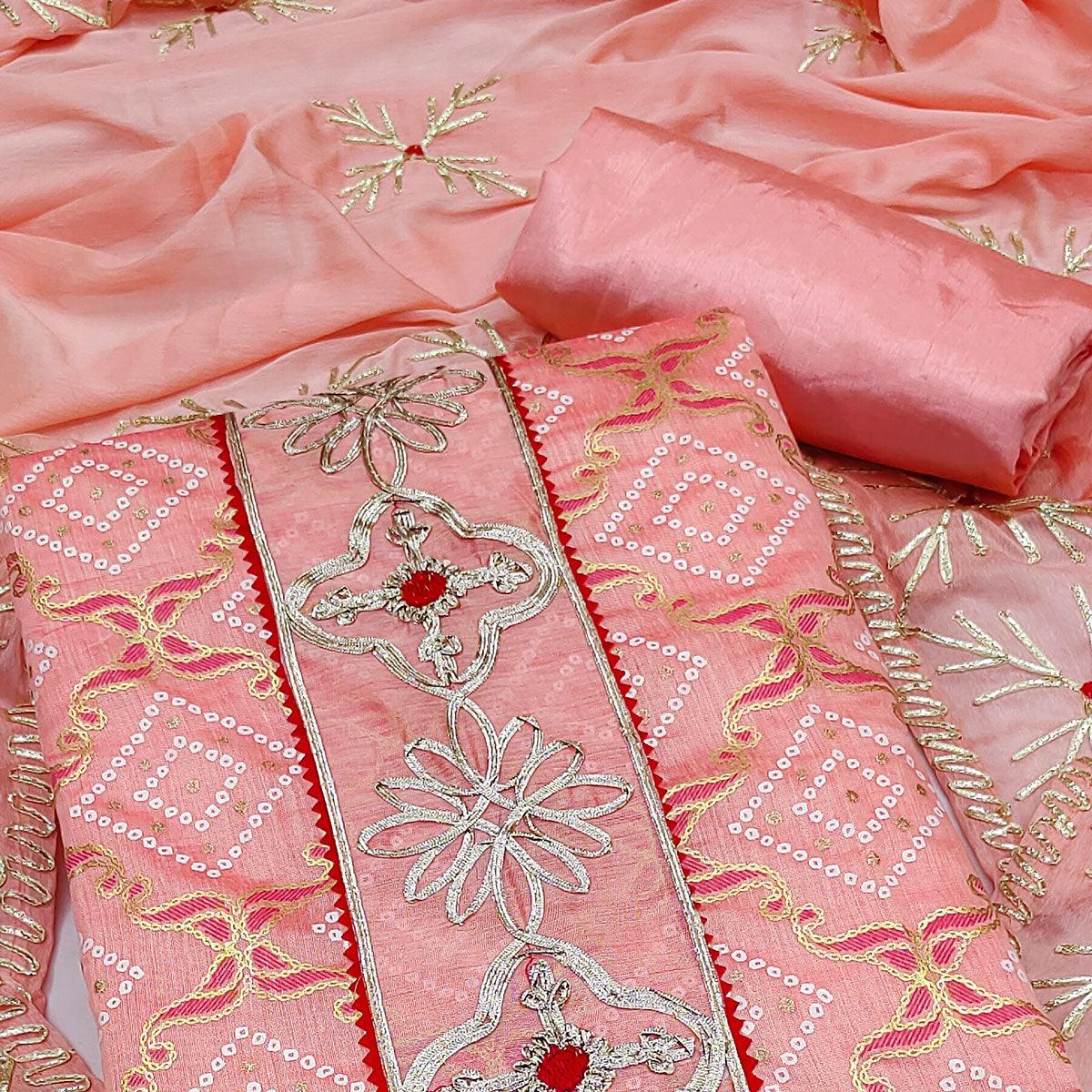 Pink Printed With Embroidered Poly Cotton Dress Material - Peachmode