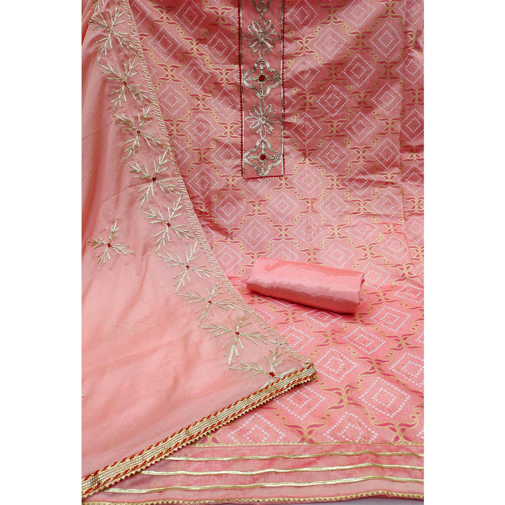 Pink Printed With Embroidered Poly Cotton Dress Material - Peachmode