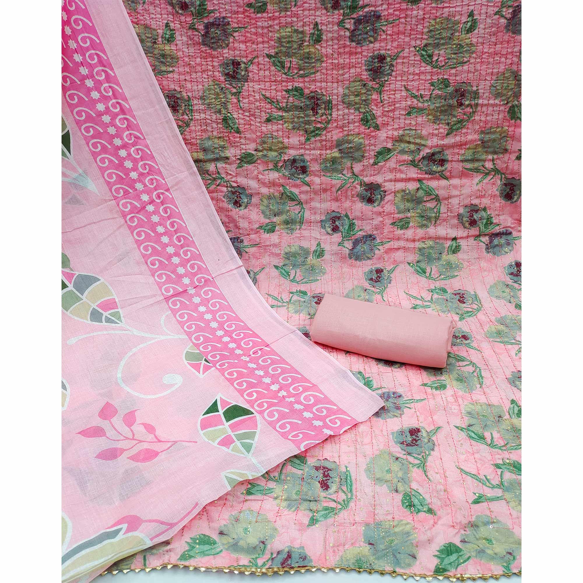 Pink Printed With Embroidered Pure Cotton Dress Material - Peachmode