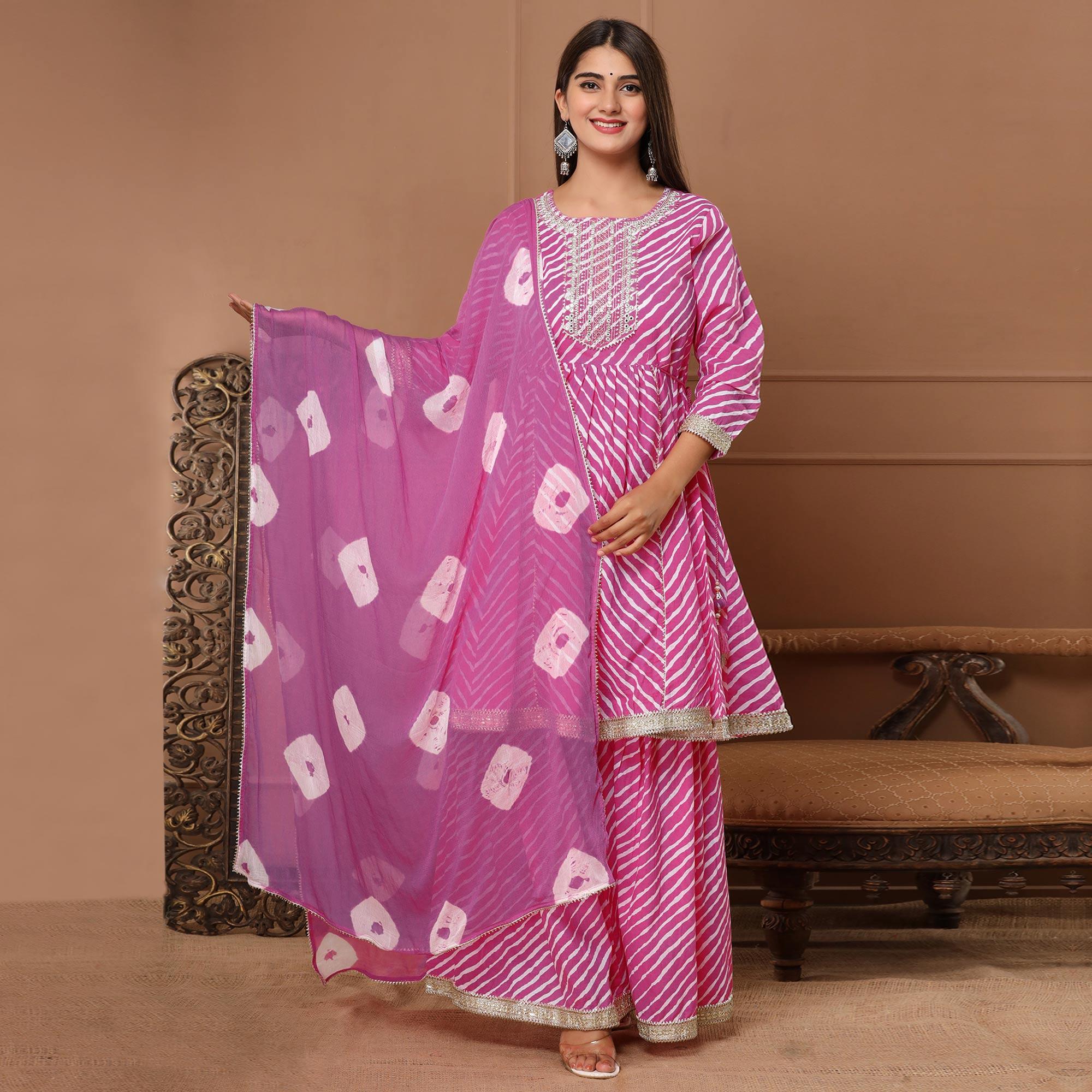 Pink Printed With Embroidered Pure Cotton Sharara Suit - Peachmode