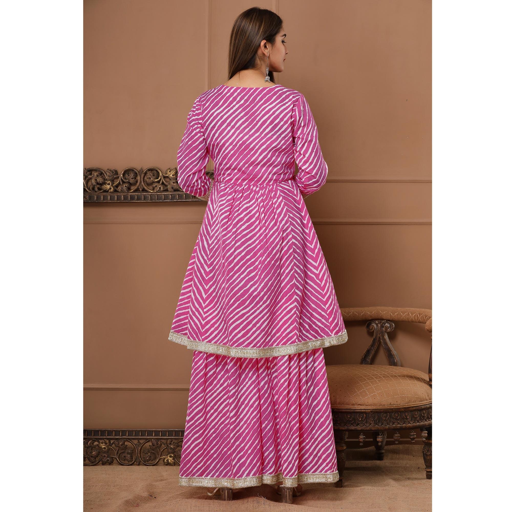 Pink Printed With Embroidered Pure Cotton Sharara Suit - Peachmode