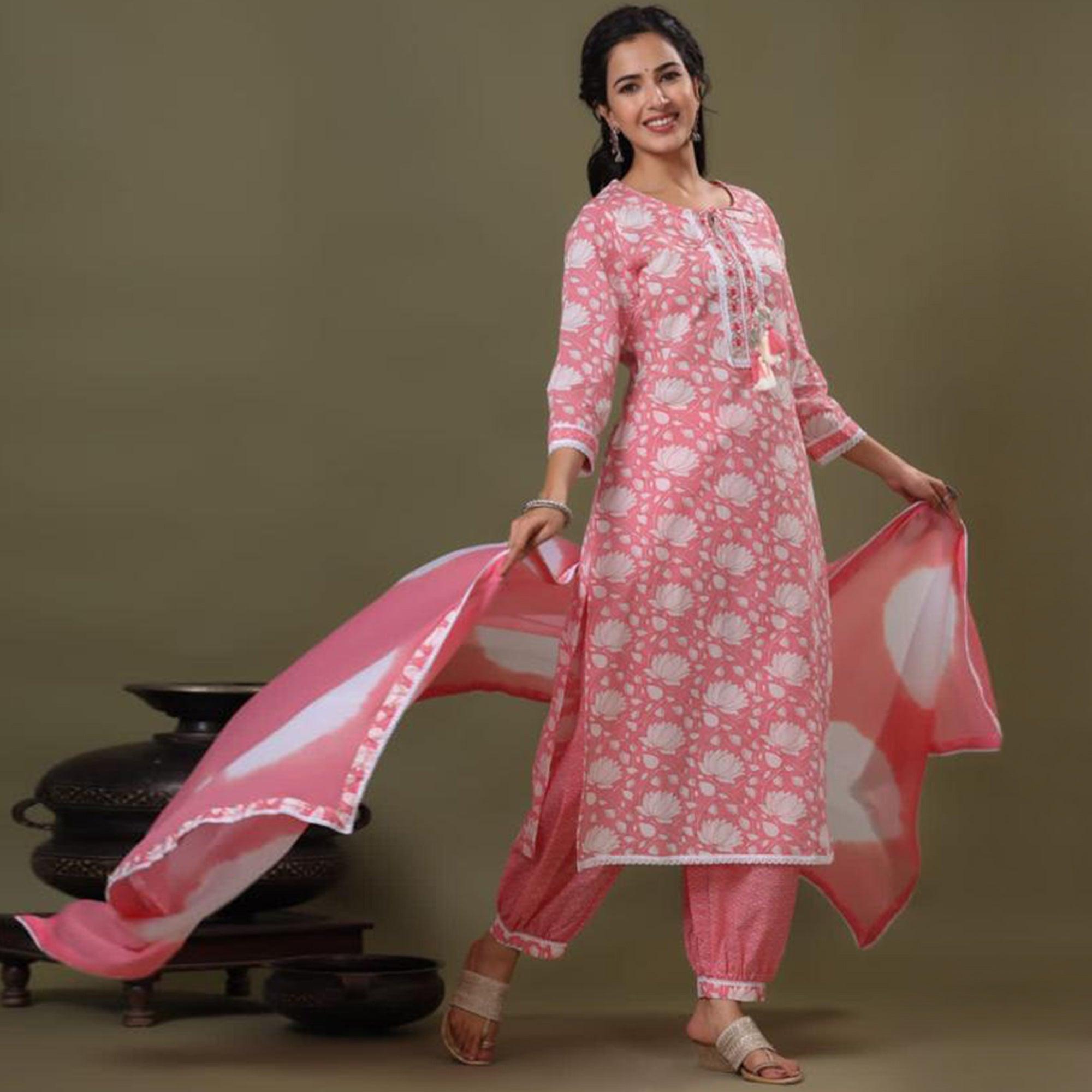 Pink Printed With Embroidered Pure Cotton Suit - Peachmode