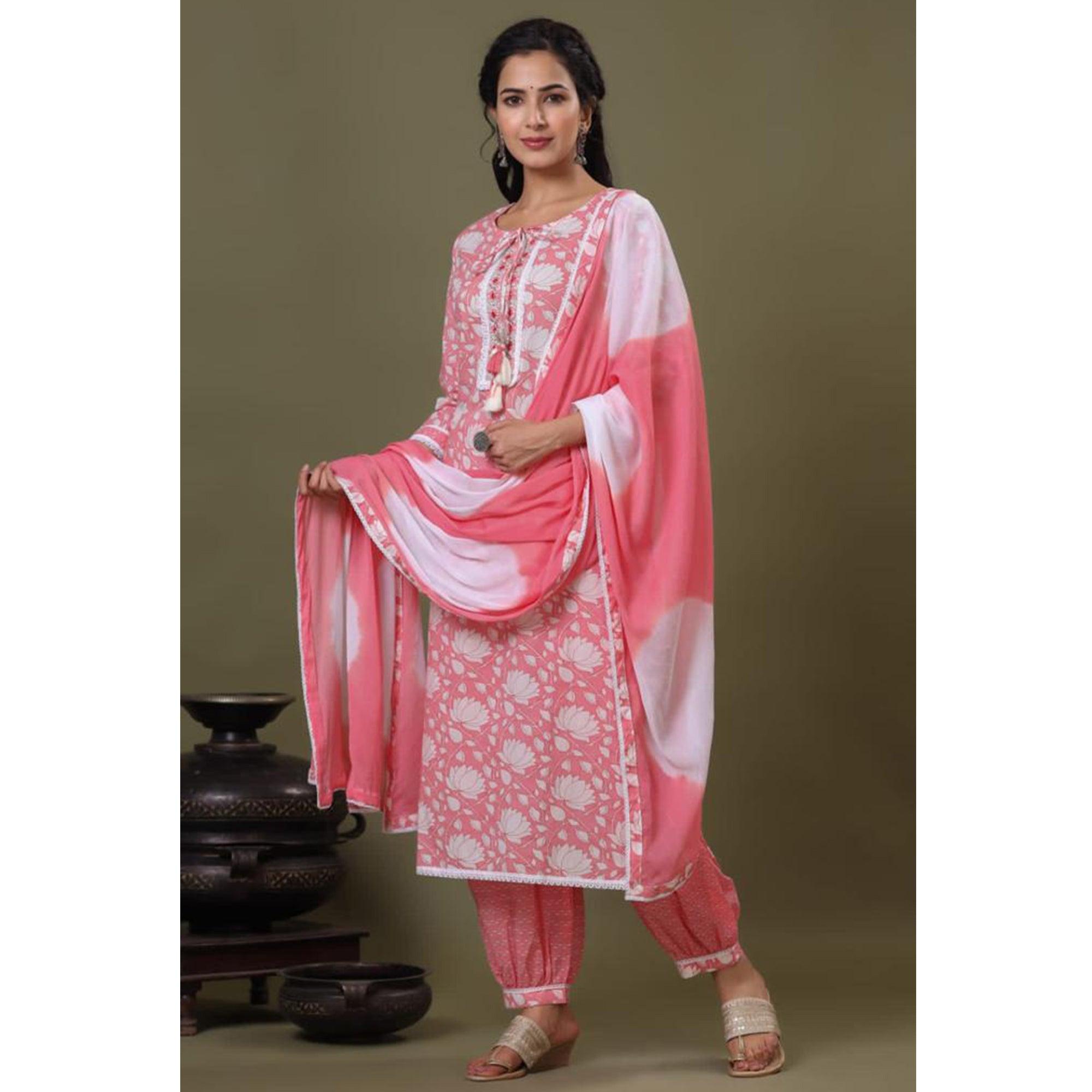 Pink Printed With Embroidered Pure Cotton Suit - Peachmode