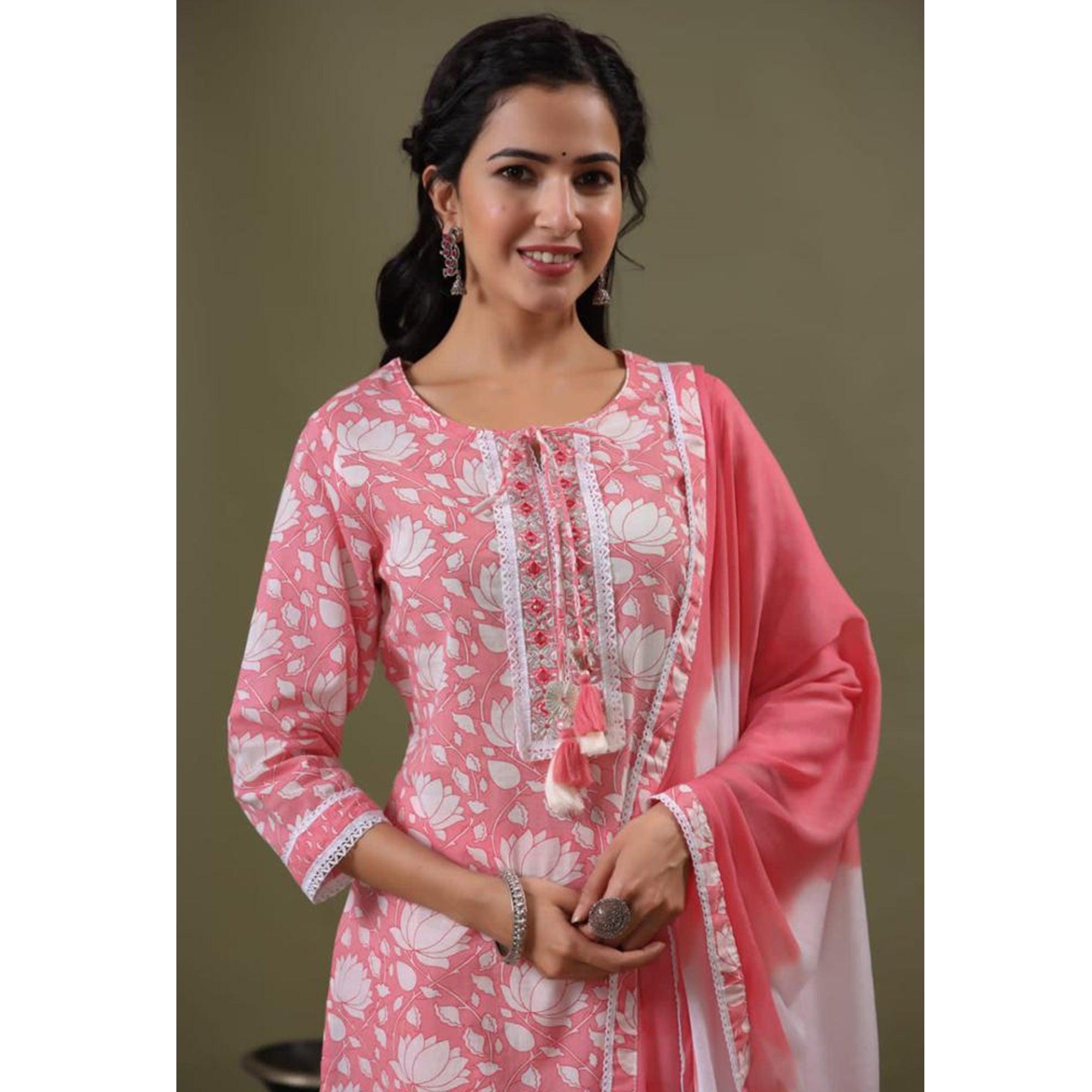 Pink Printed With Embroidered Pure Cotton Suit - Peachmode