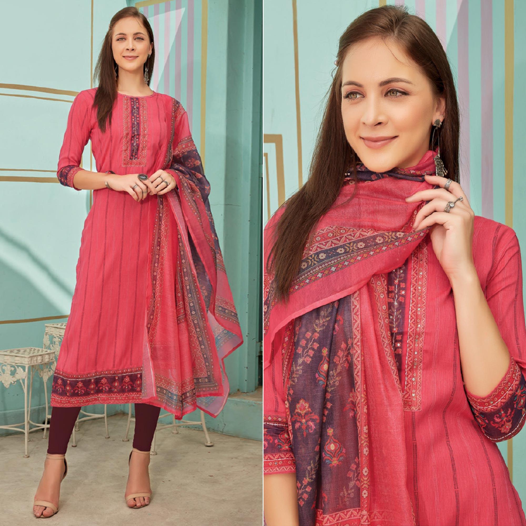 Pink Printed With Embroidery Tapetta Silk Kurti With Dupatta - Peachmode