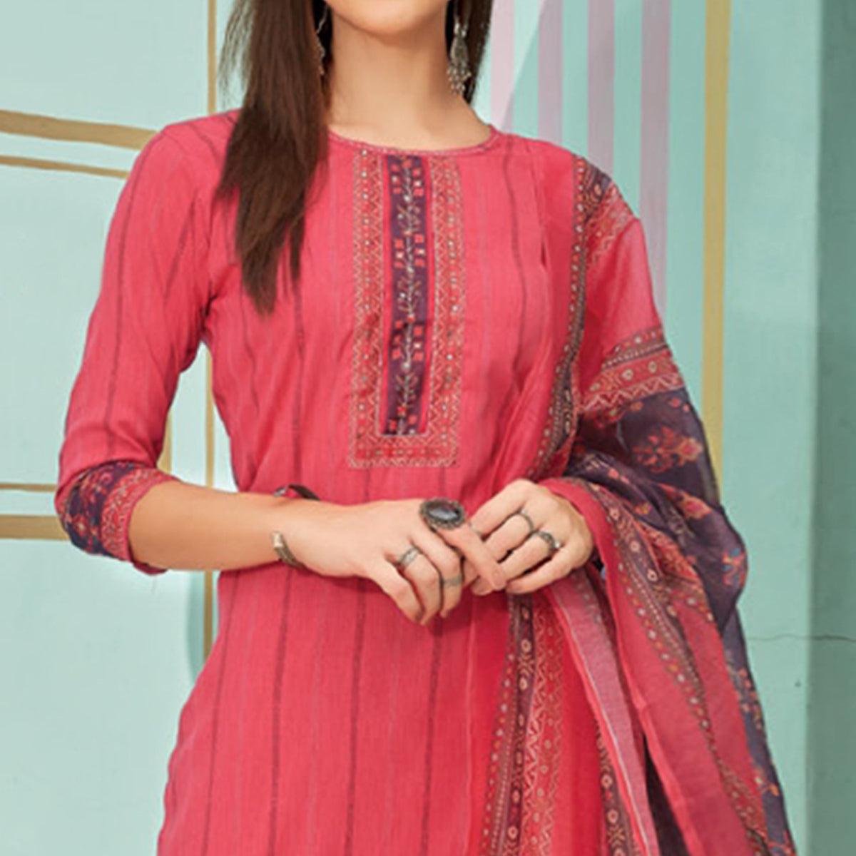 Pink Printed With Embroidery Tapetta Silk Kurti With Dupatta - Peachmode