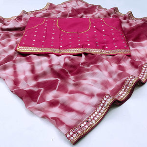 Pink Printed With Fancy Mirror Border Georgette Saree - Peachmode