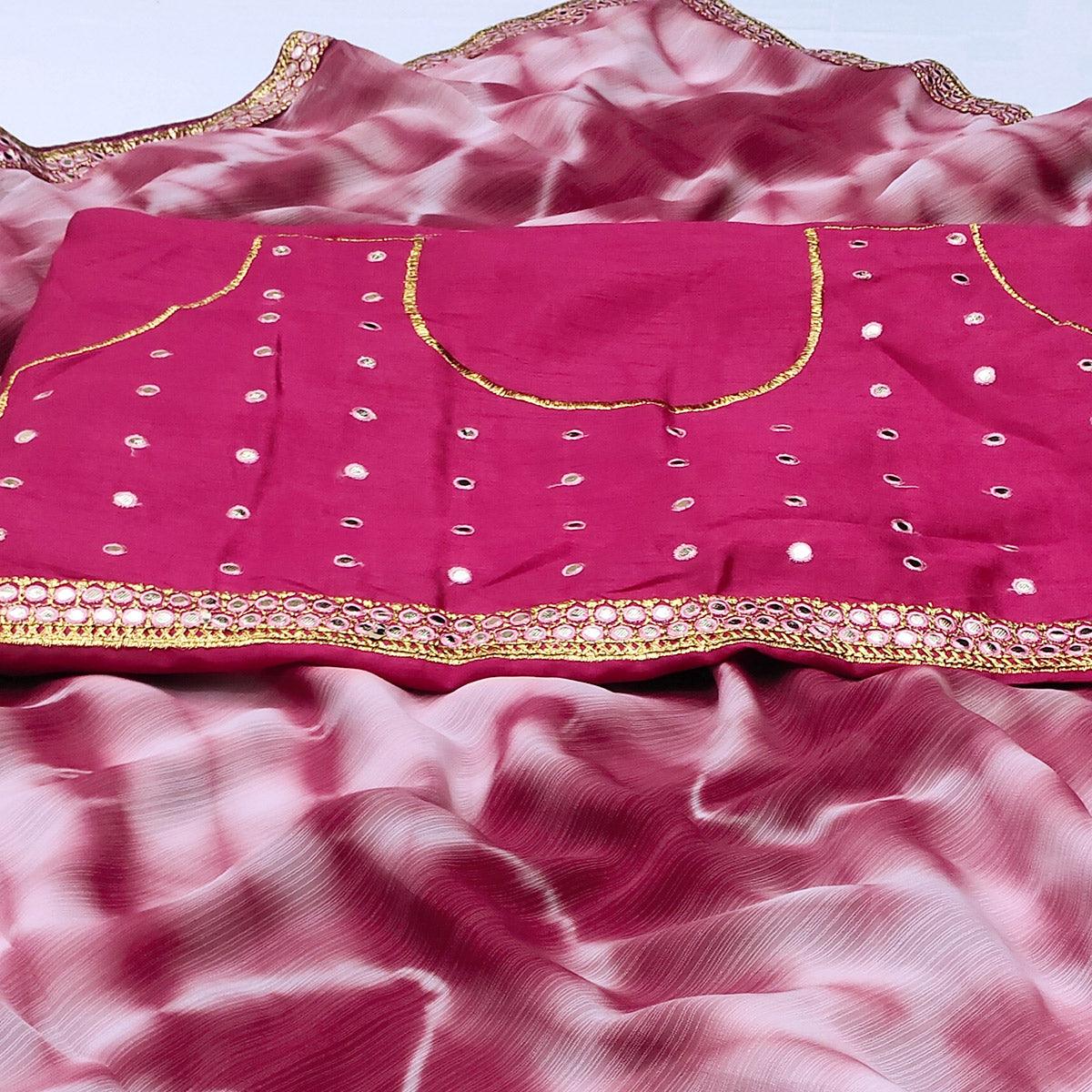 Pink Printed With Fancy Mirror Border Georgette Saree - Peachmode