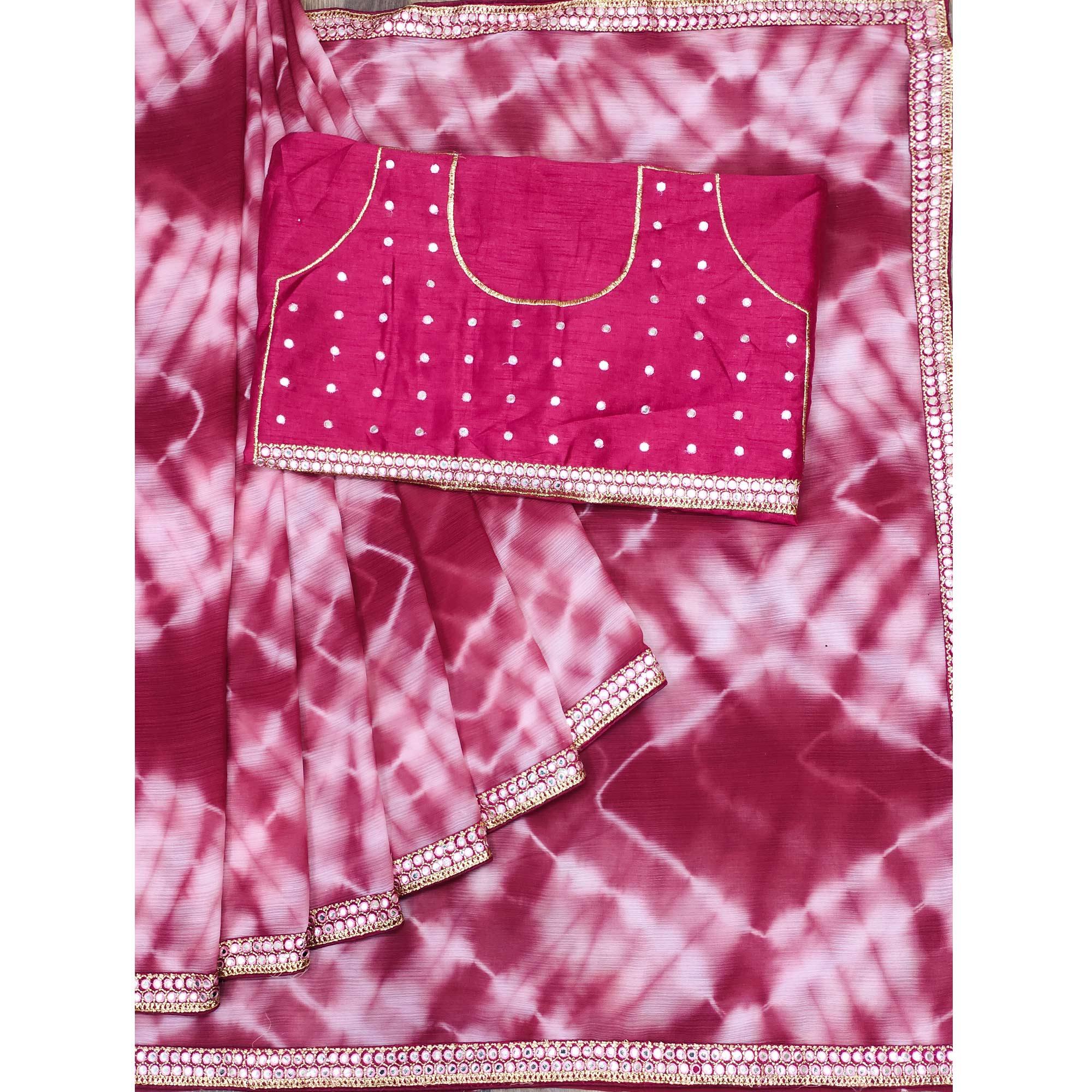 Pink Printed With Fancy Mirror Border Georgette Saree - Peachmode