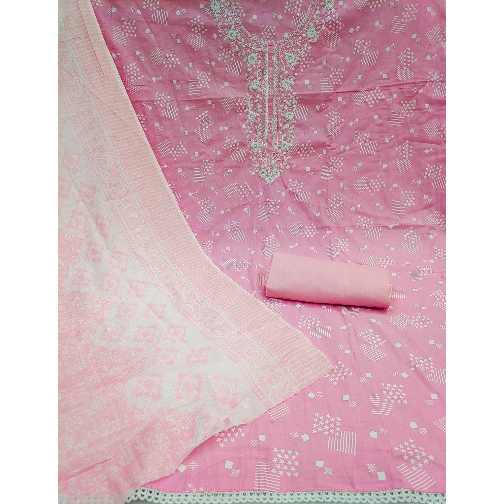 Pink Printed With Floral Embroidered Pure Cotton Dress Material - Peachmode