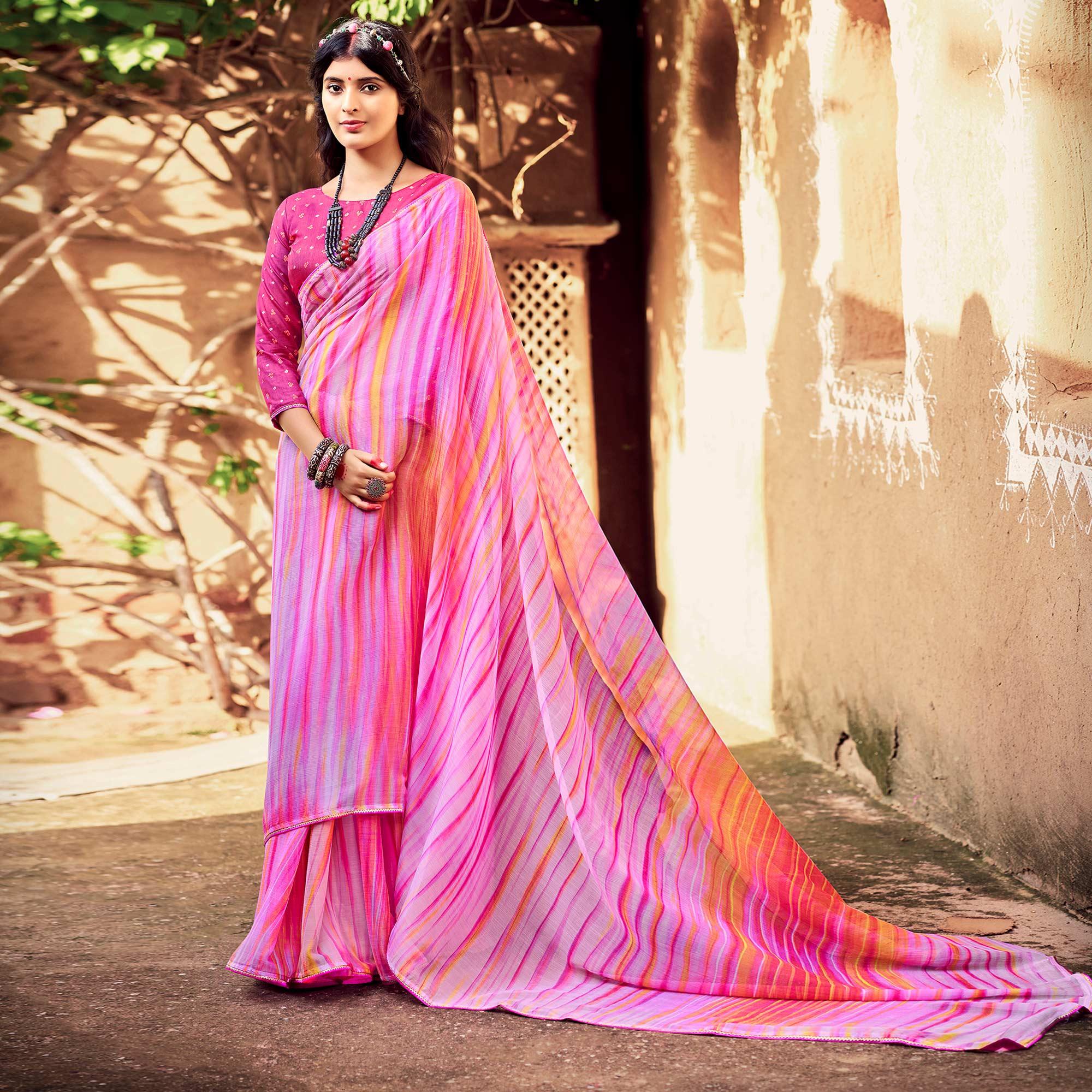 Pink Printed With Gota Patti Border Chiffon Saree - Peachmode