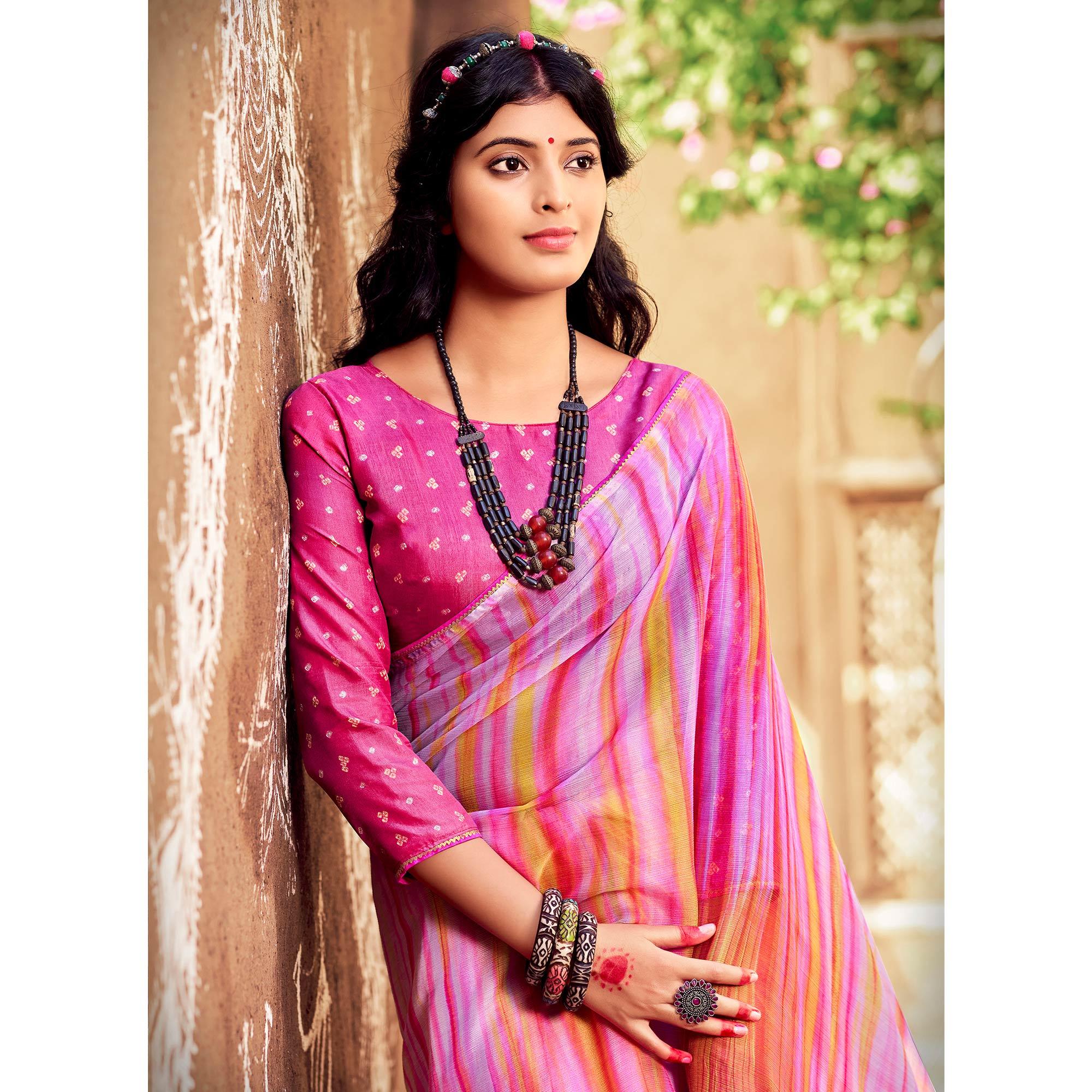 Pink Printed With Gota Patti Border Chiffon Saree - Peachmode