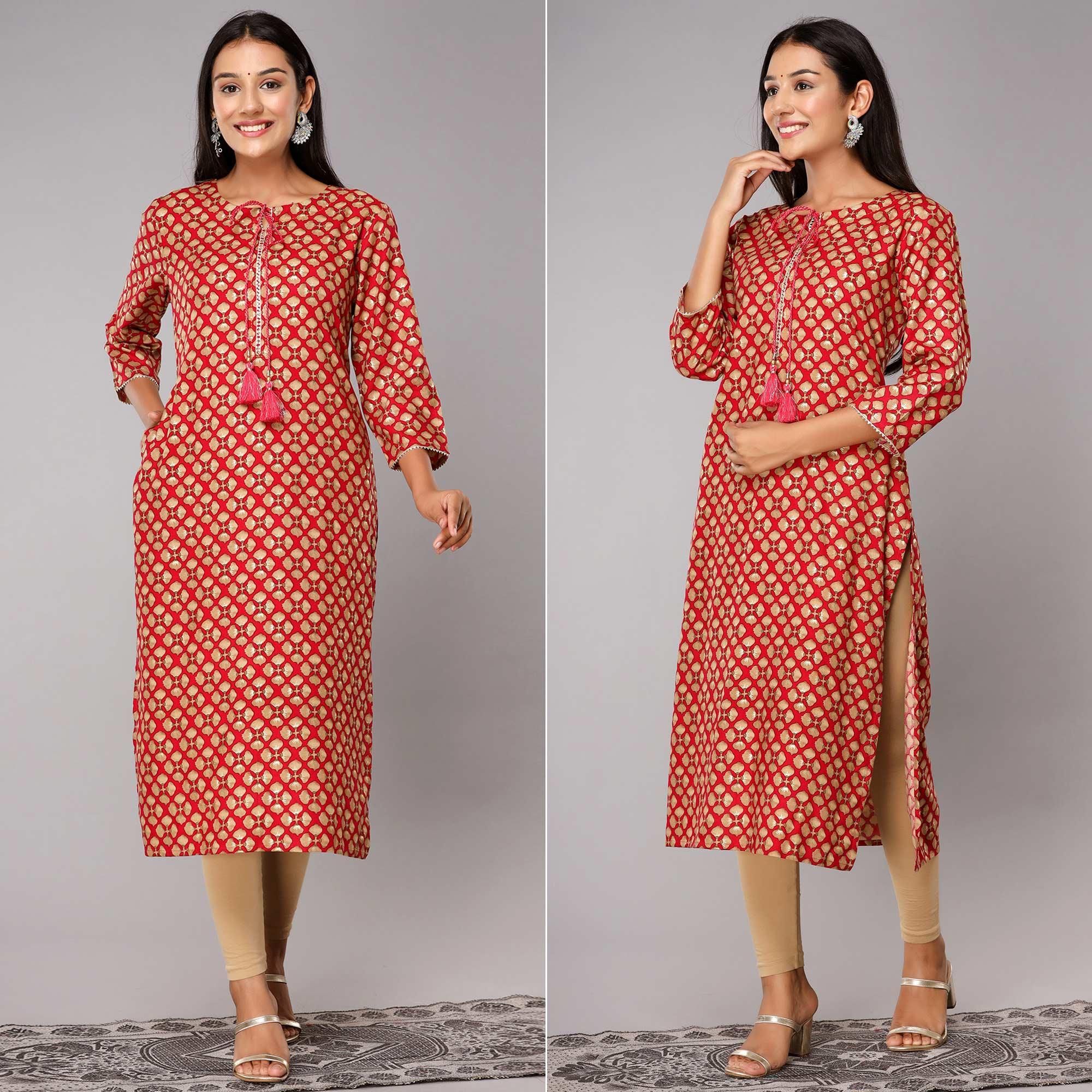 Pink Printed With Gota Patti Work Pure Cotton Kurti - Peachmode