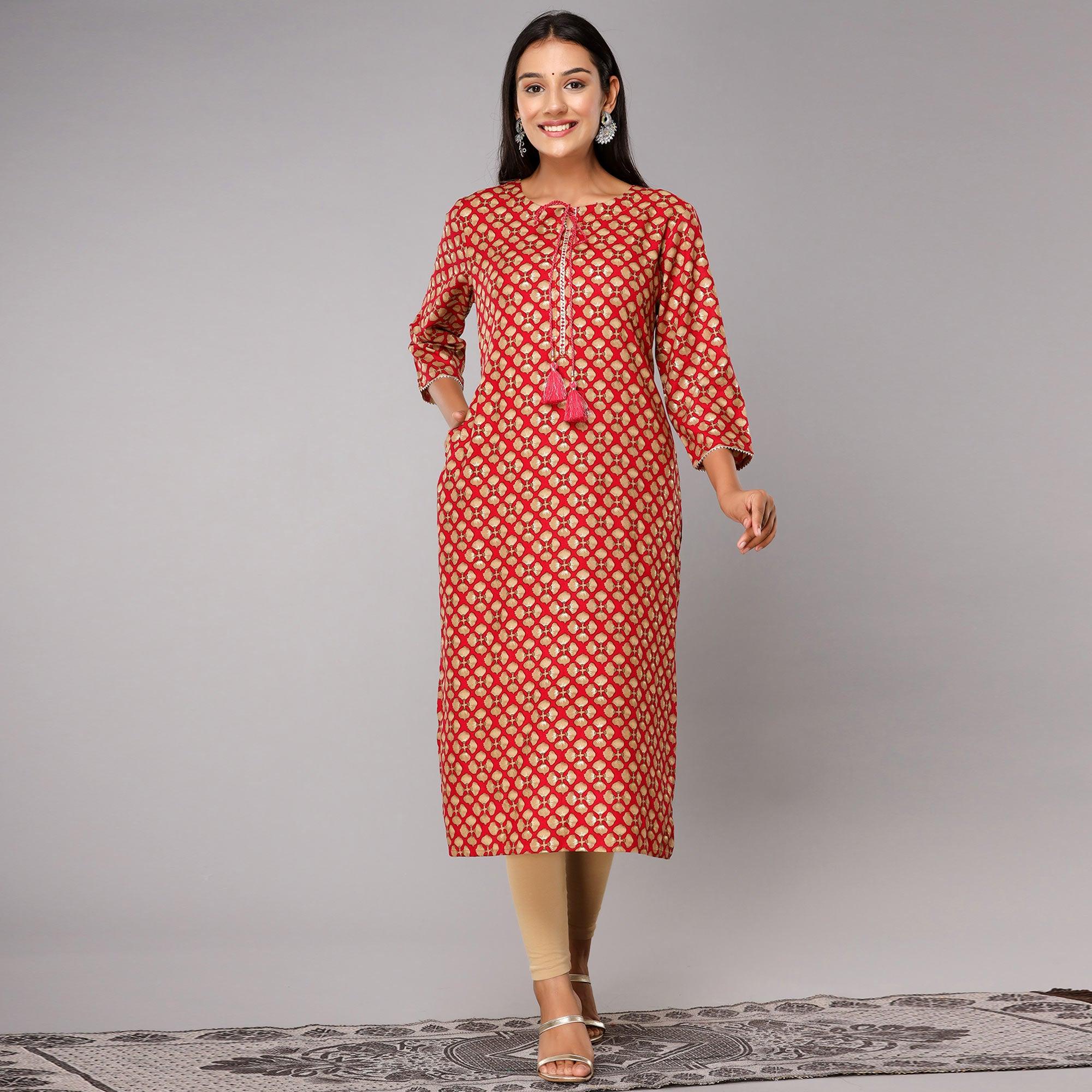 Pink Printed With Gota Patti Work Pure Cotton Kurti - Peachmode