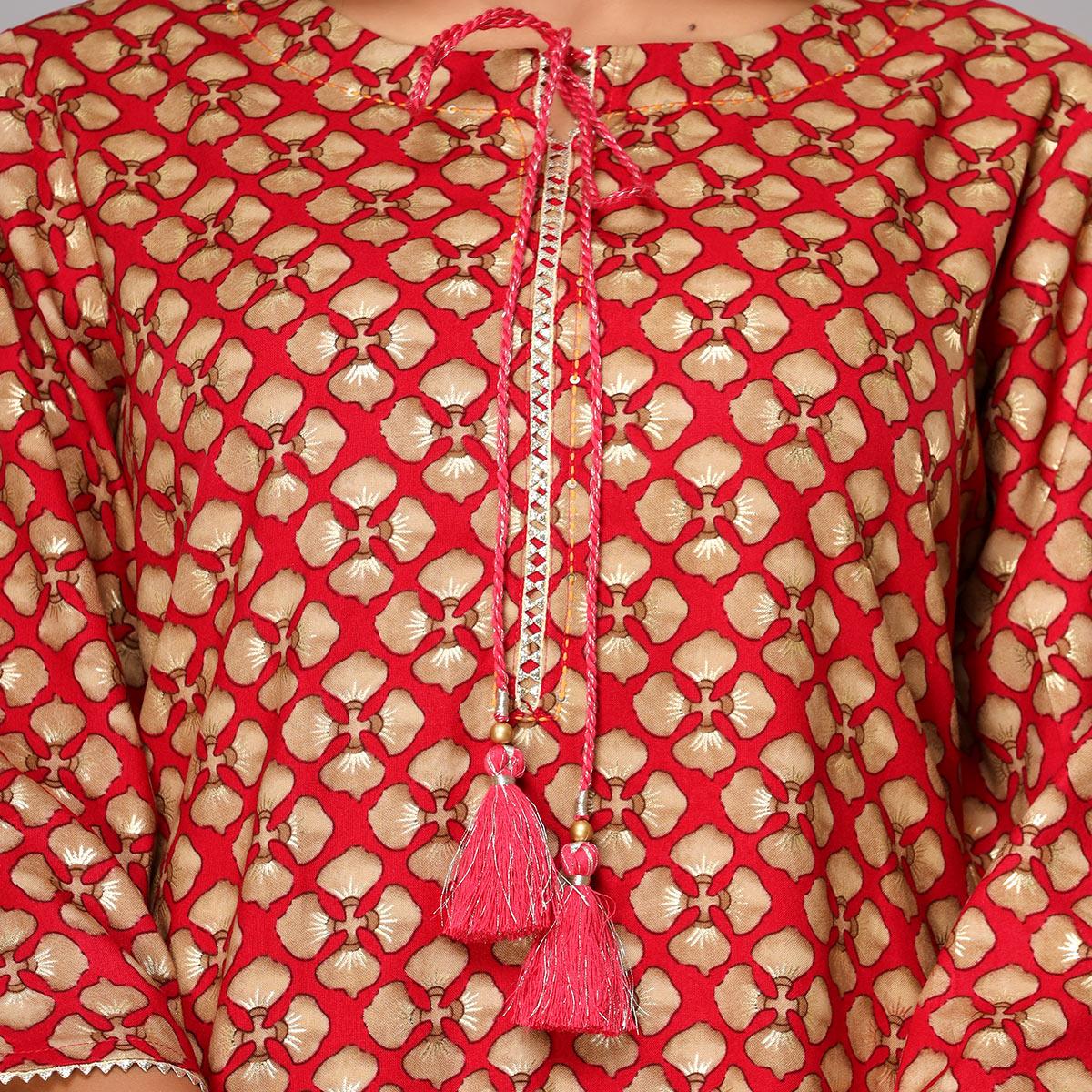 Pink Printed With Gota Patti Work Pure Cotton Kurti - Peachmode