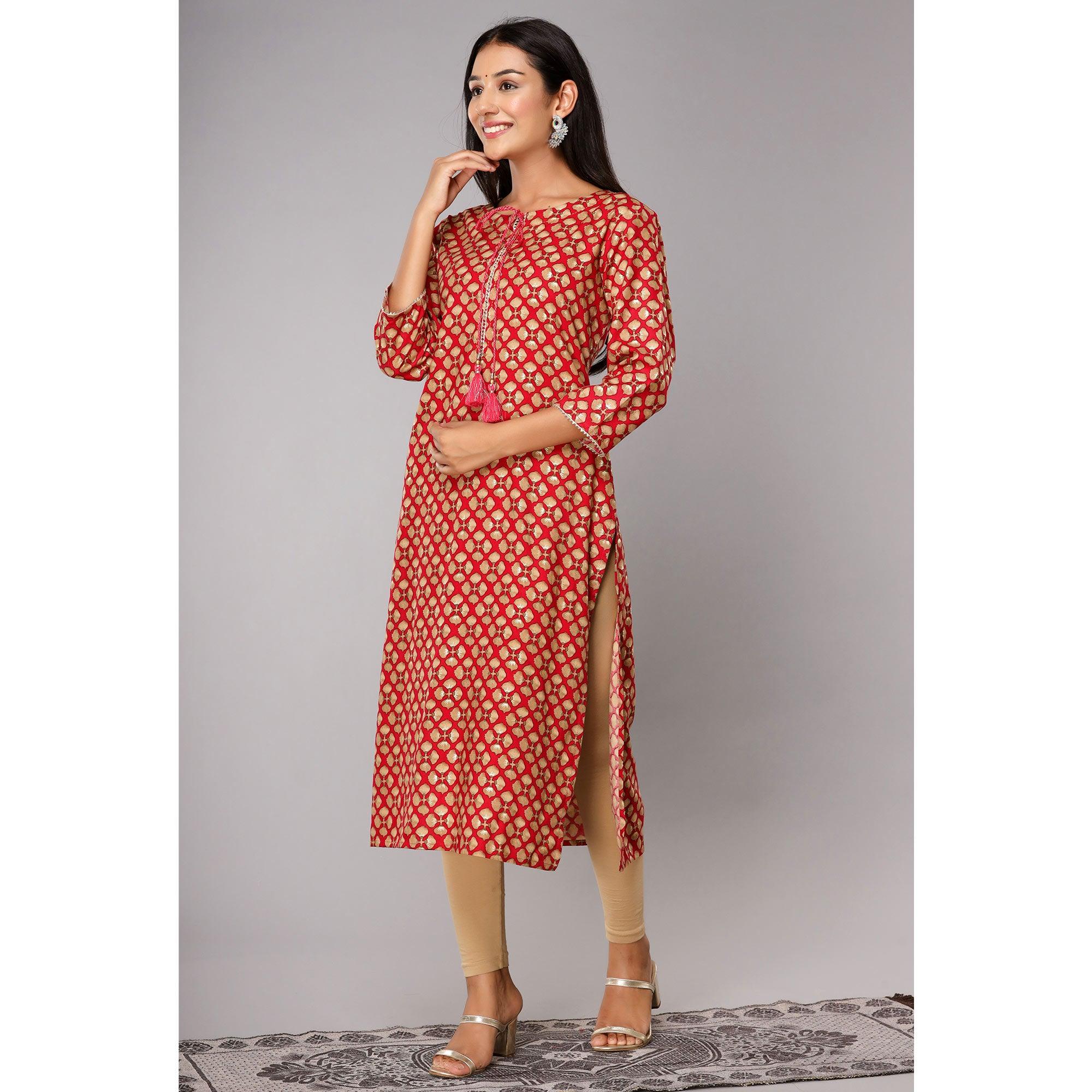 Pink Printed With Gota Patti Work Pure Cotton Kurti - Peachmode