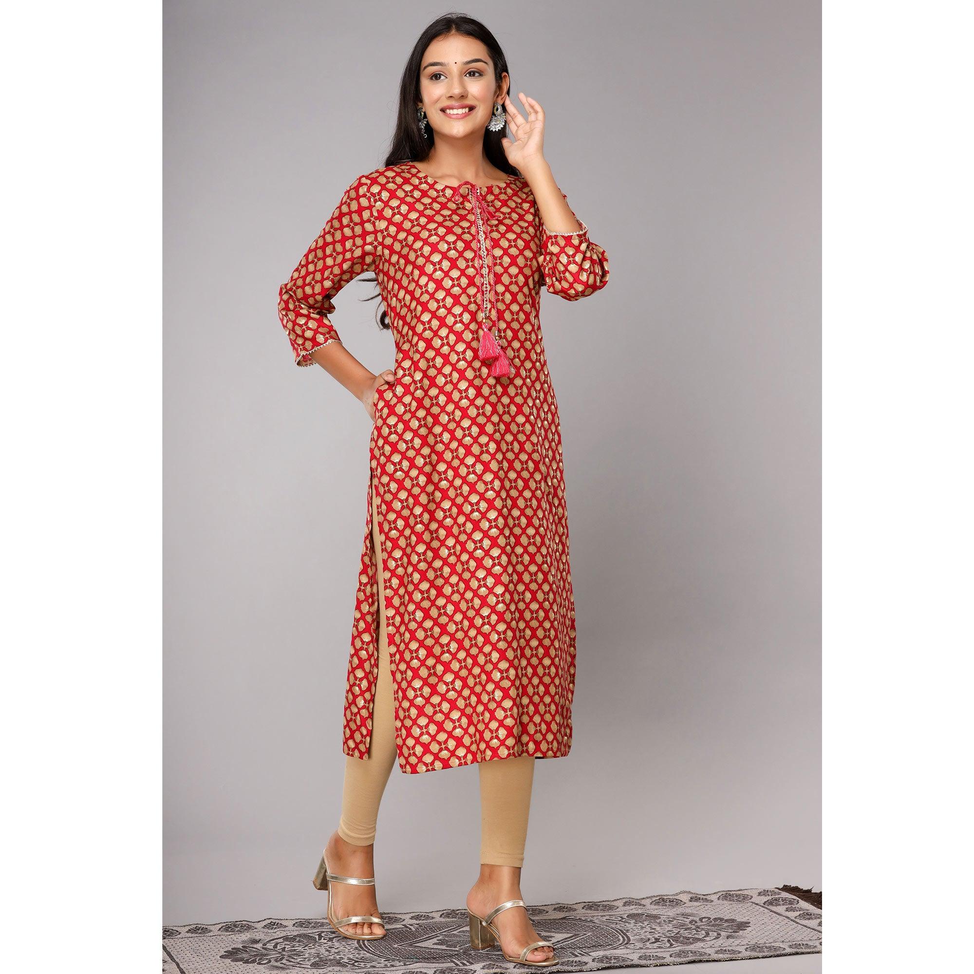 Pink Printed With Gota Patti Work Pure Cotton Kurti - Peachmode