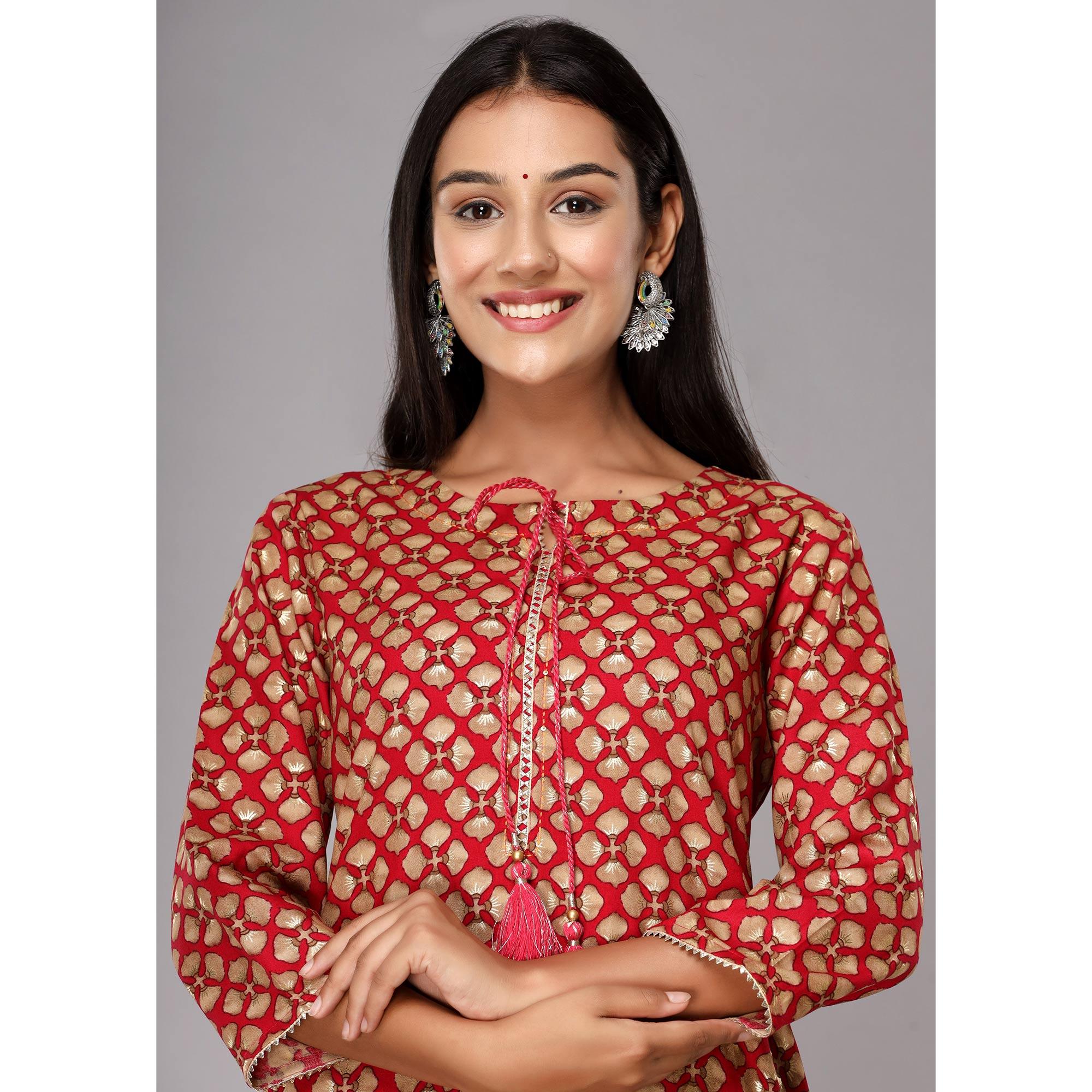 Pink Printed With Gota Patti Work Pure Cotton Kurti - Peachmode