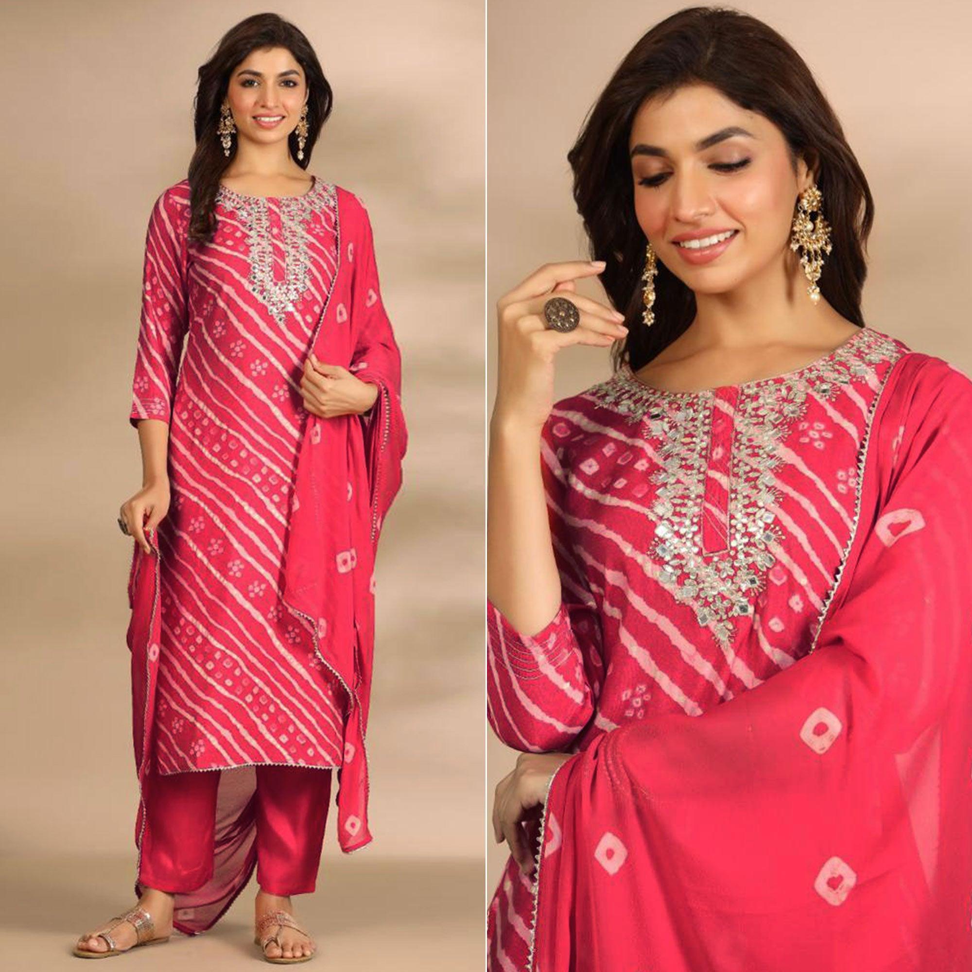 Pink Printed With Gota Work Muslin Kurti Pant Set With Dupatta - Peachmode