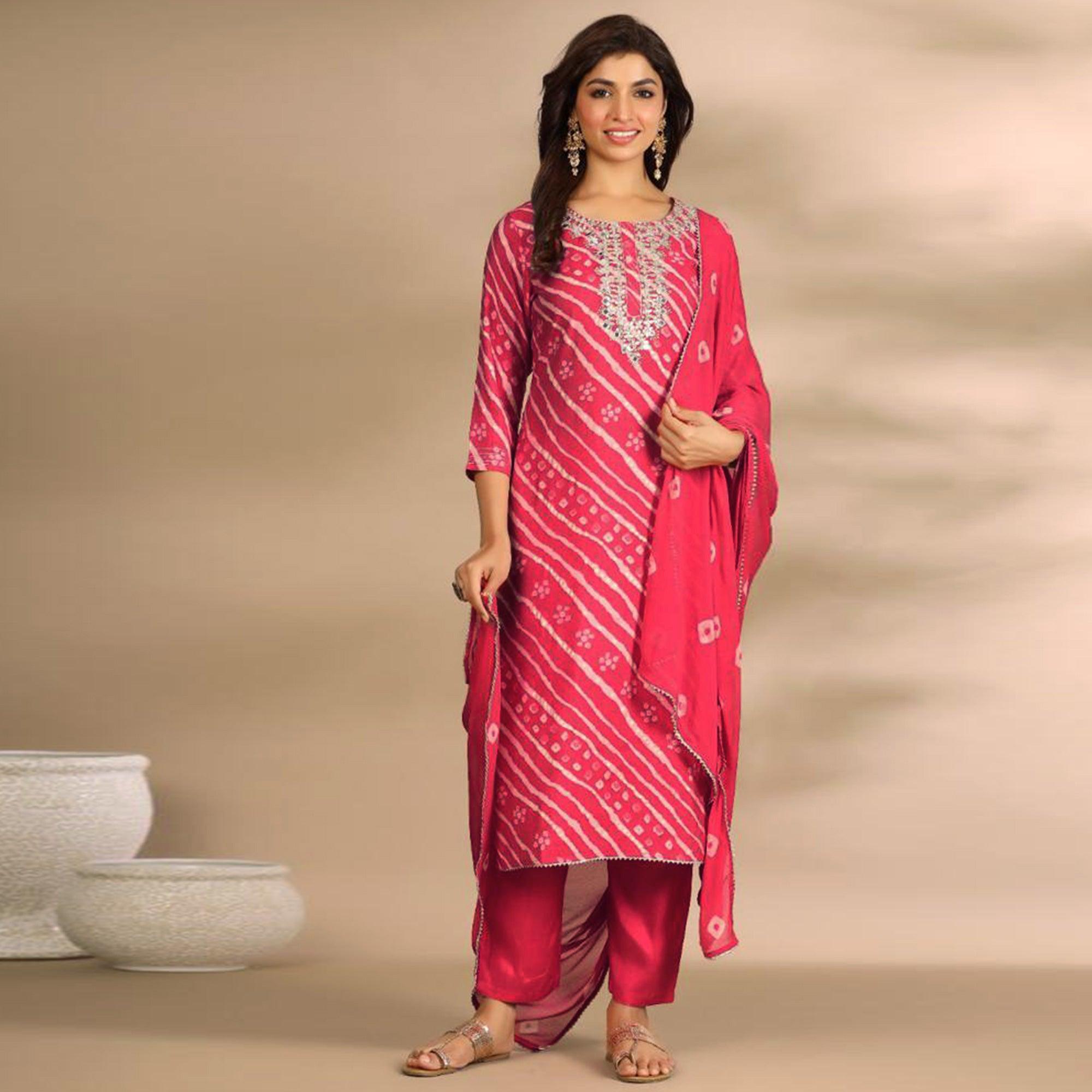 Pink Printed With Gota Work Muslin Kurti Pant Set With Dupatta - Peachmode