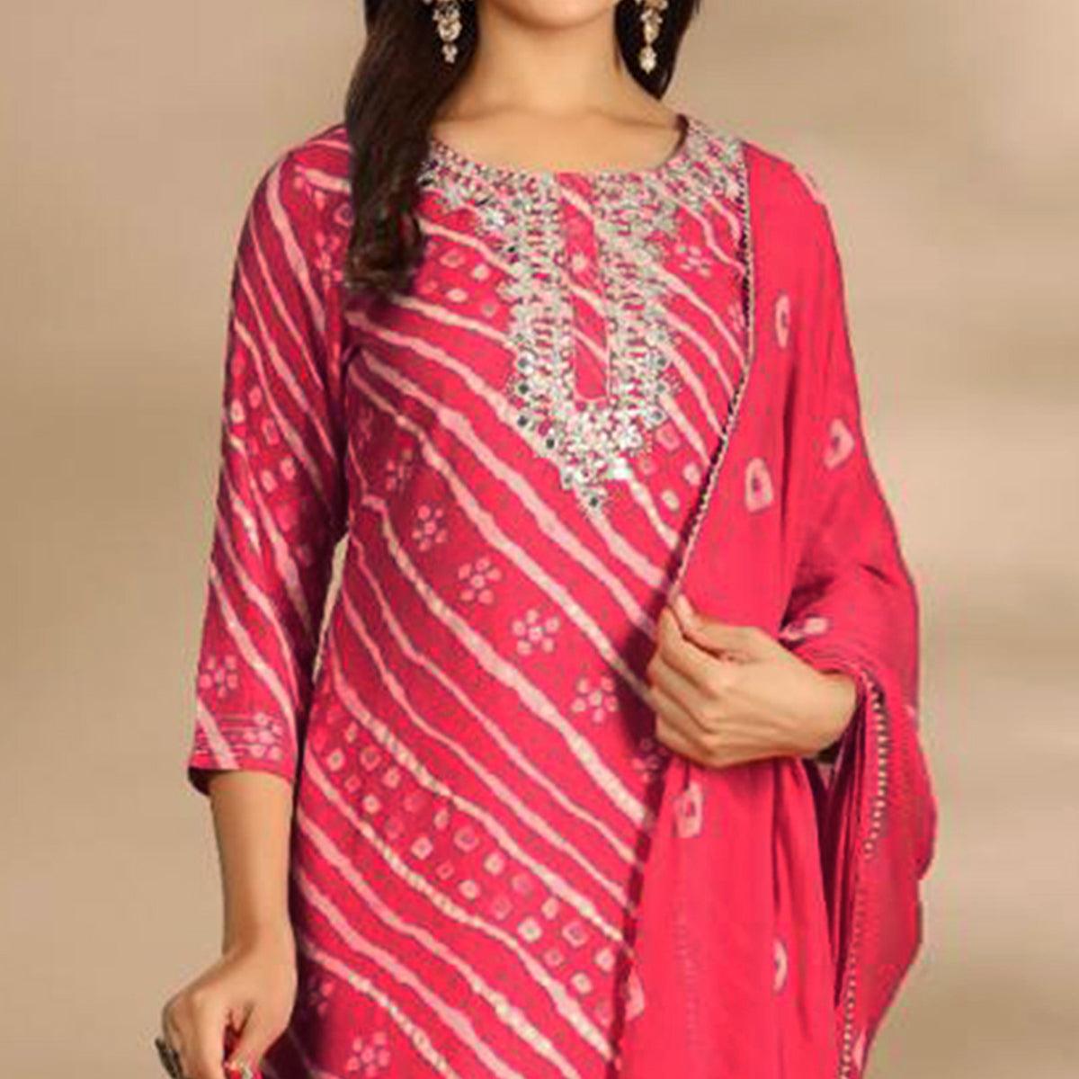 Pink Printed With Gota Work Muslin Kurti Pant Set With Dupatta - Peachmode