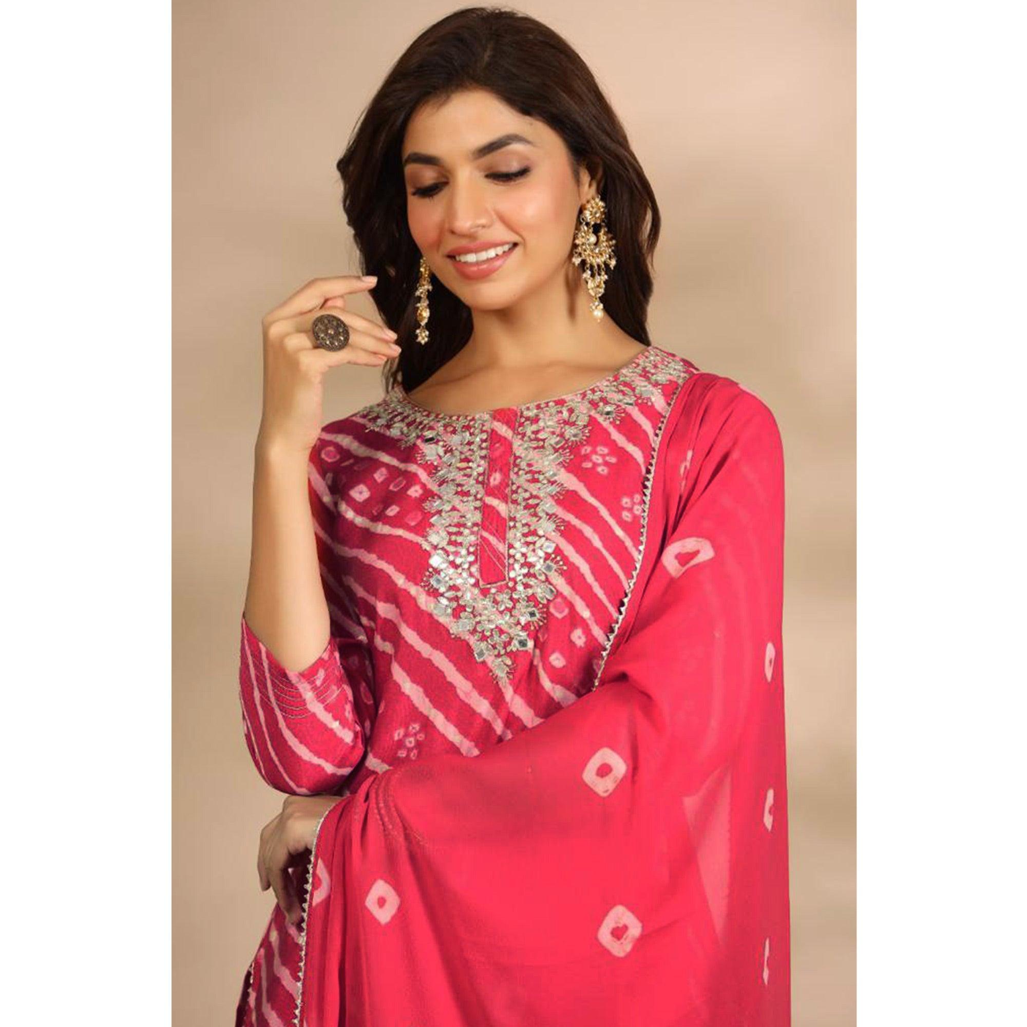 Pink Printed With Gota Work Muslin Kurti Pant Set With Dupatta - Peachmode