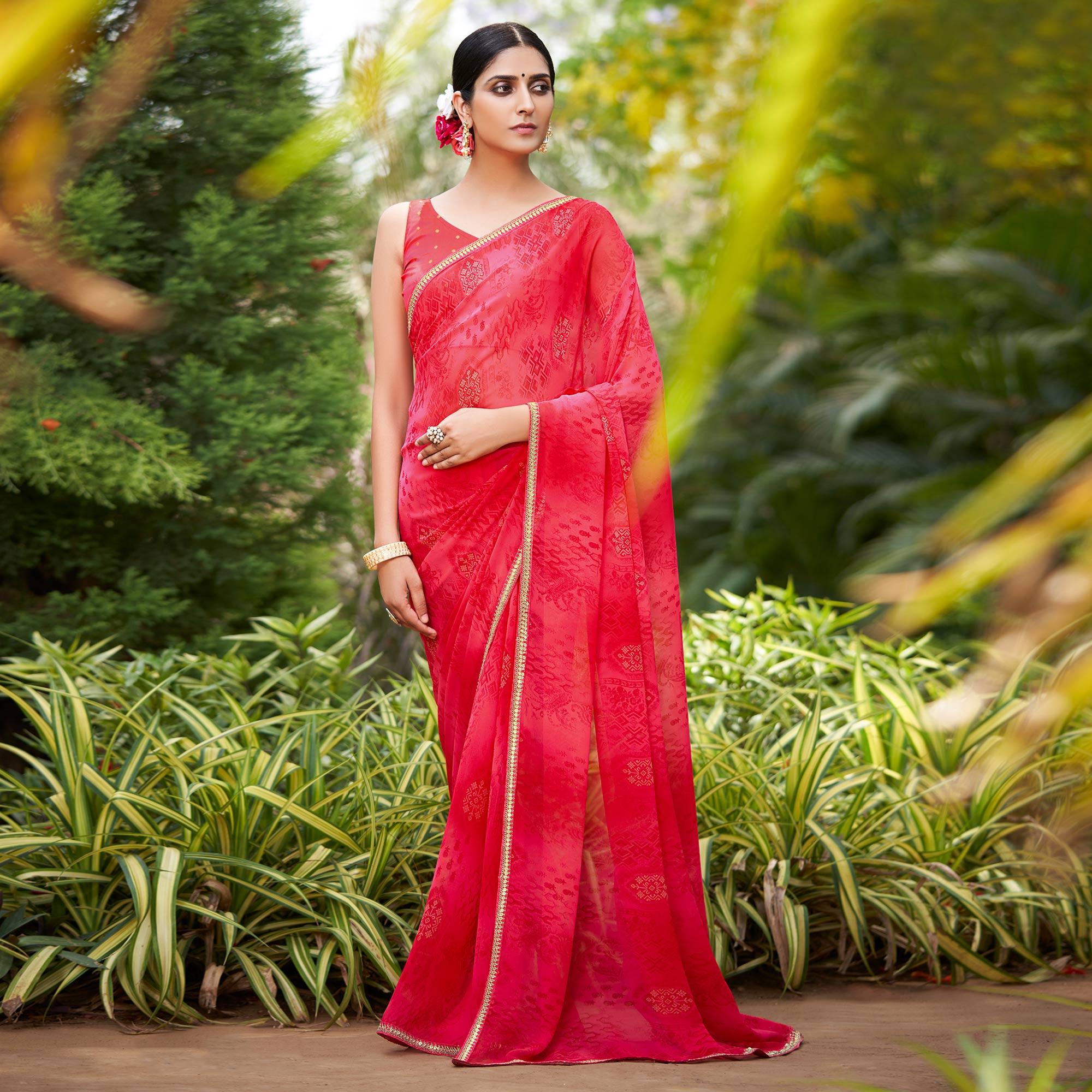 Pink Printed With Sequence Embroidered Border Georgette Saree - Peachmode