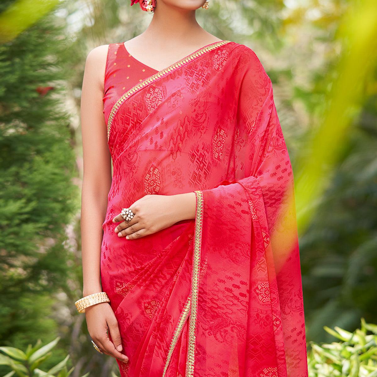 Pink Printed With Sequence Embroidered Border Georgette Saree - Peachmode