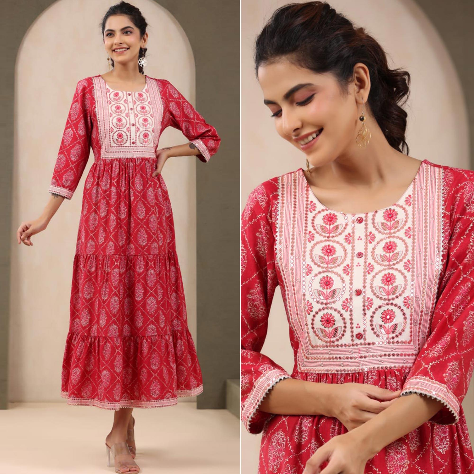 Pink Printed With Sequence embroidered Chanderi Kurti - Peachmode