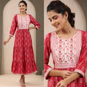 Pink Printed With Sequence embroidered Chanderi Kurti - Peachmode
