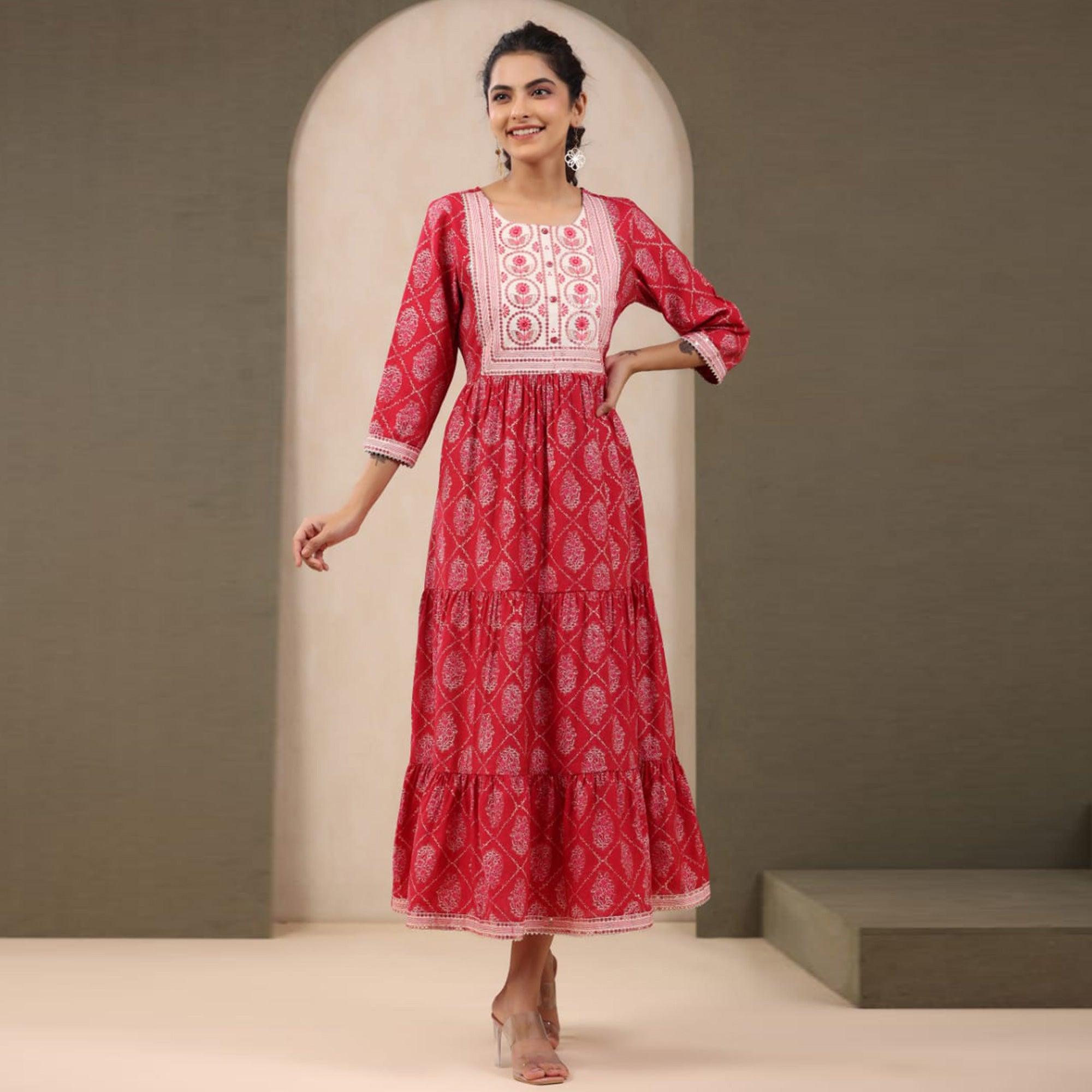 Pink Printed With Sequence embroidered Chanderi Kurti - Peachmode