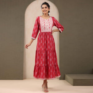Pink Printed With Sequence embroidered Chanderi Kurti - Peachmode
