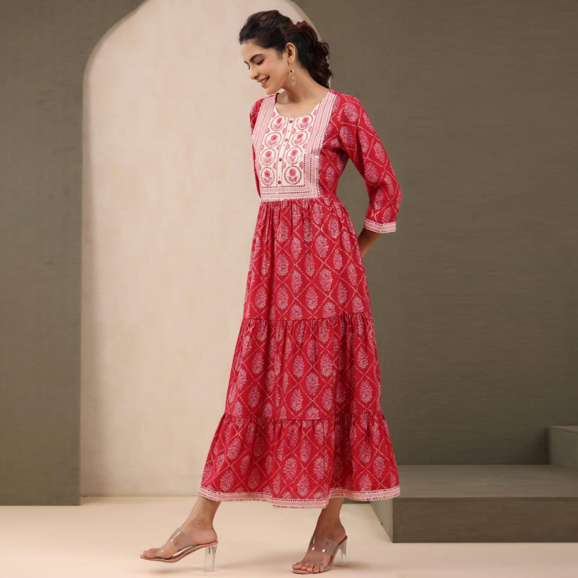 Pink Printed With Sequence embroidered Chanderi Kurti - Peachmode