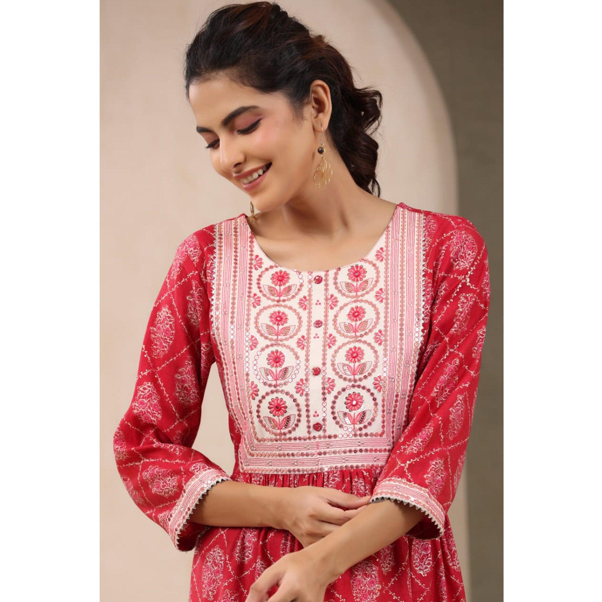 Pink Printed With Sequence embroidered Chanderi Kurti - Peachmode