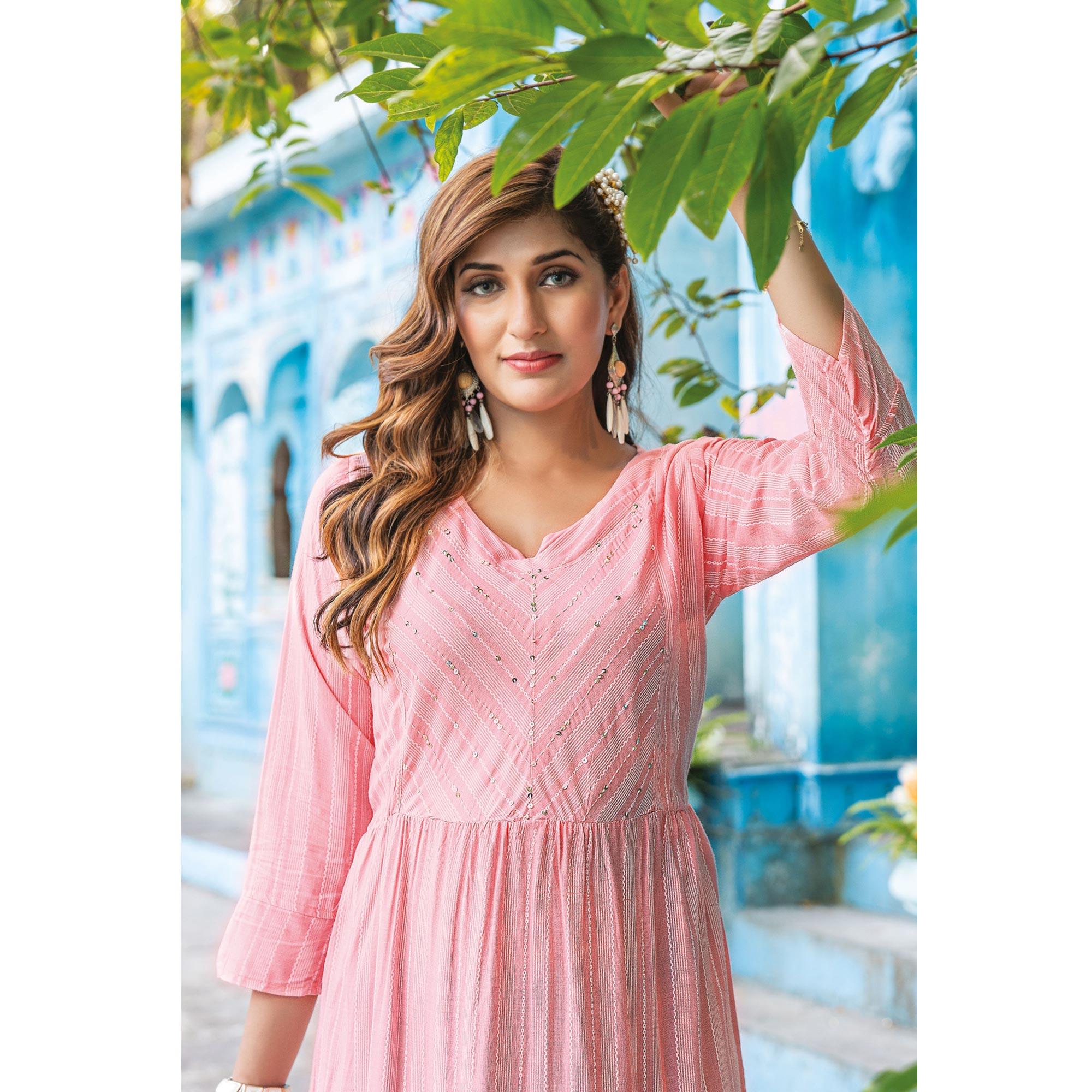 Pink Printed With Sequence Embroidered Rayon Kurti - Peachmode
