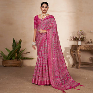 Pink Printed-Woven Dola Silk Saree With Tassels - Peachmode