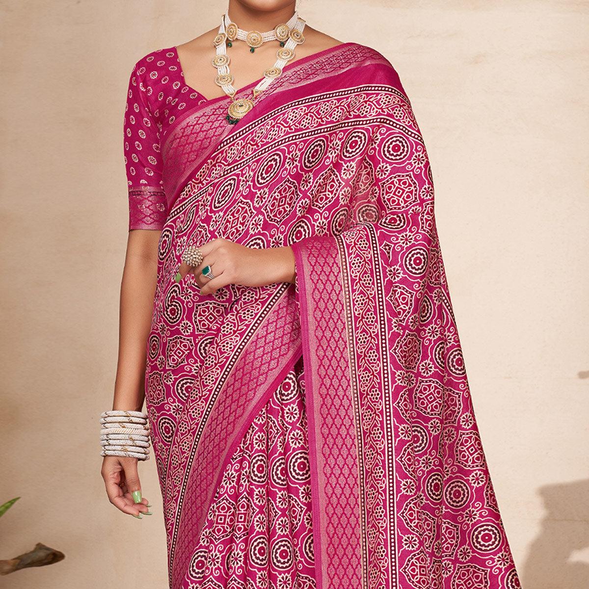 Pink Printed-Woven Dola Silk Saree With Tassels - Peachmode