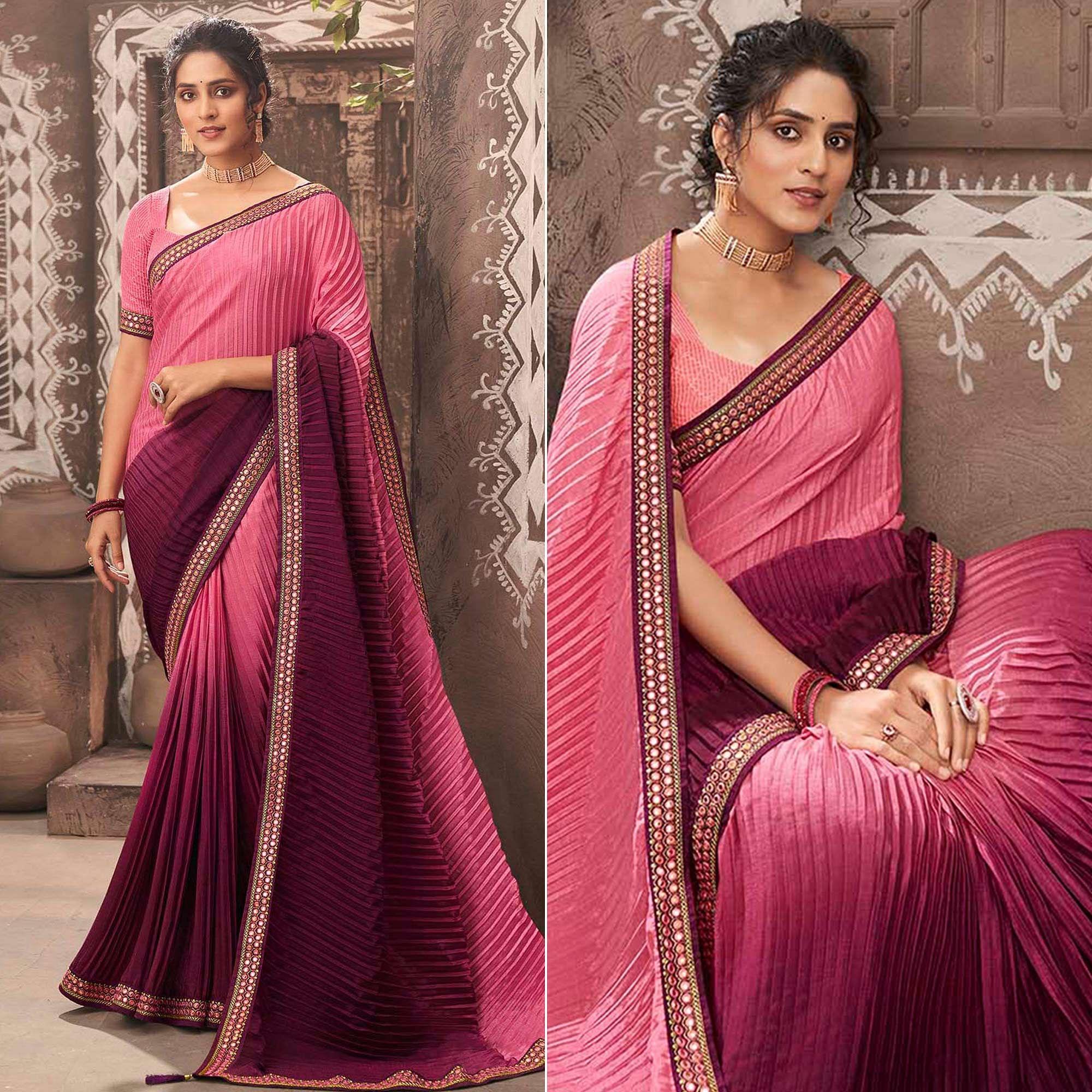 Pink-Purple Partywear Crushed Chiffon Saree with Fancy Lace - Peachmode