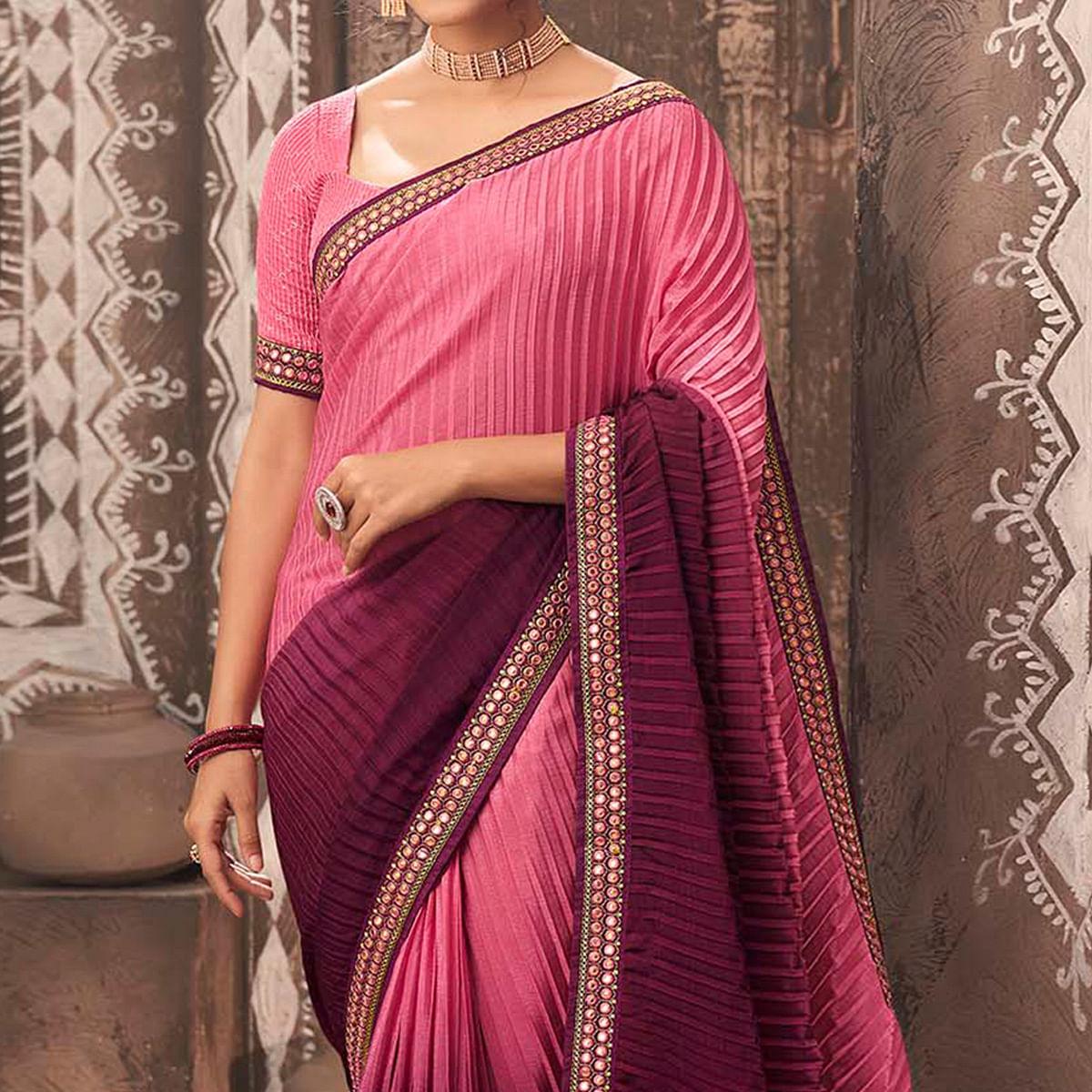 Pink-Purple Partywear Crushed Chiffon Saree with Fancy Lace - Peachmode